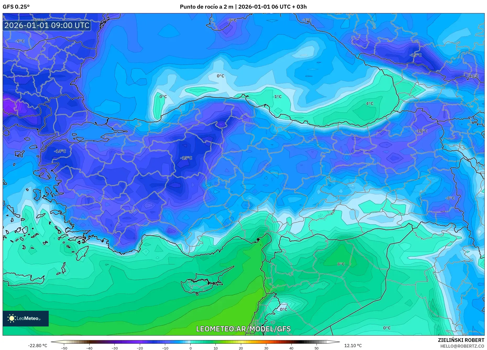 GFS model - Turquía, Punto de rocío a 2 m