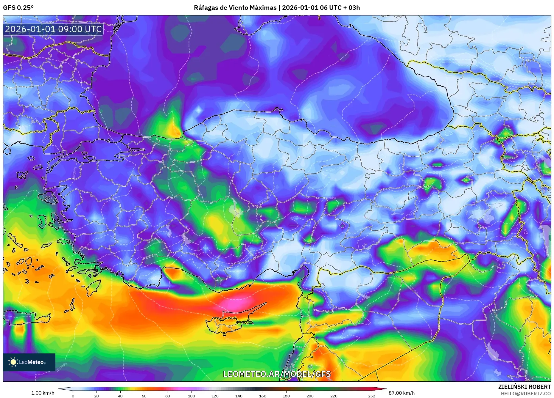 GFS model - Turquía, Ráfagas de Viento Máximas