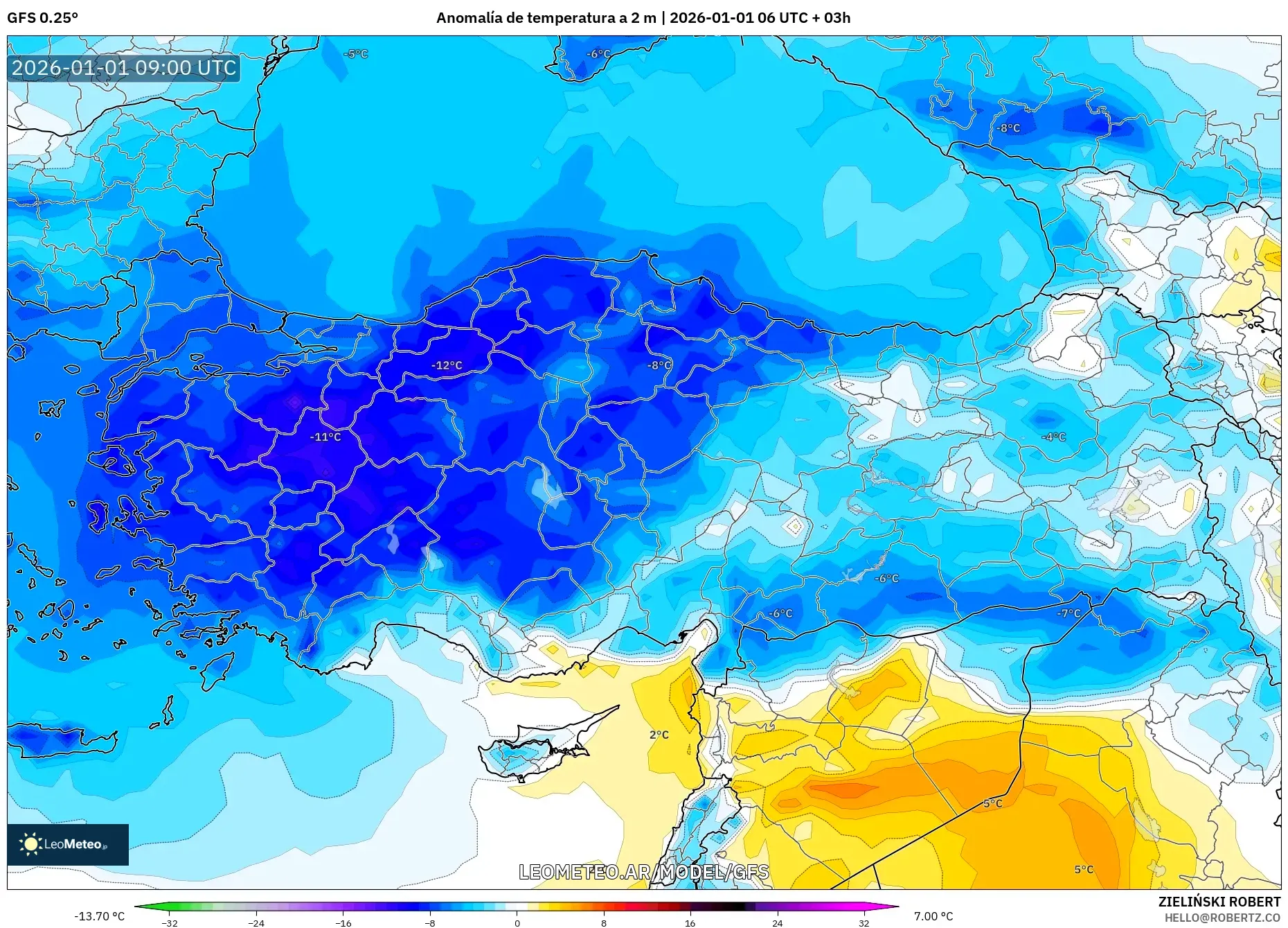 GFS model - Turquía, Anomalía de temperatura a 2 m