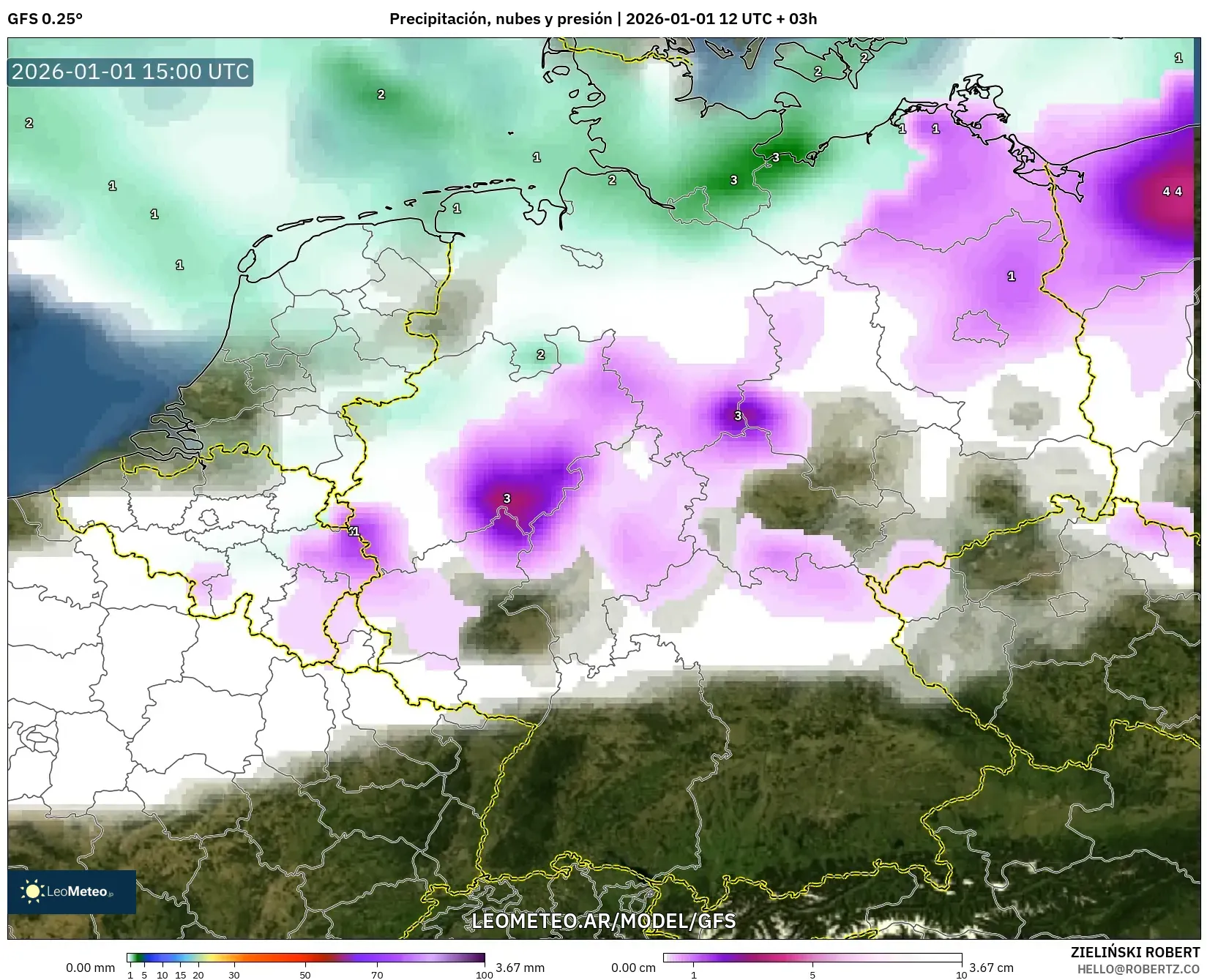 GFS model - Alemania, Precipitación, nubes y presión