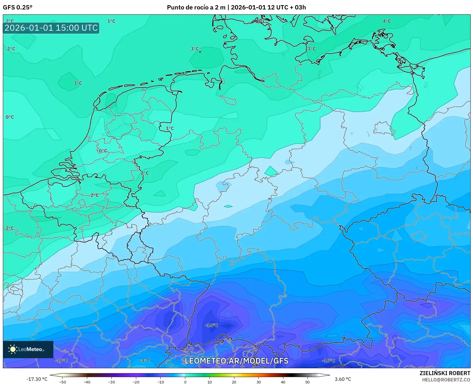 GFS model - Alemania, Punto de rocío a 2 m