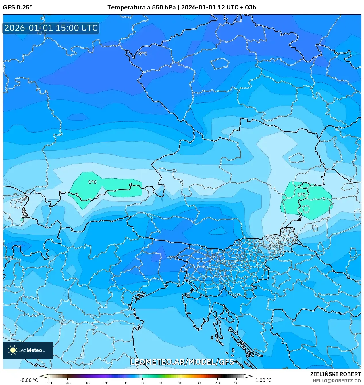 GFS model - Austria, Temperatura a 850 hPa