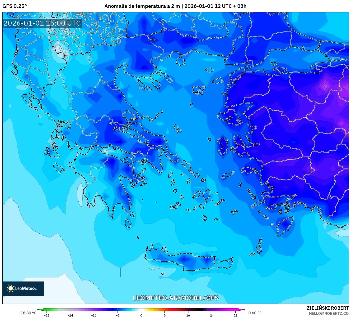 GFS model - Grecia, Anomalía de temperatura a 2 m