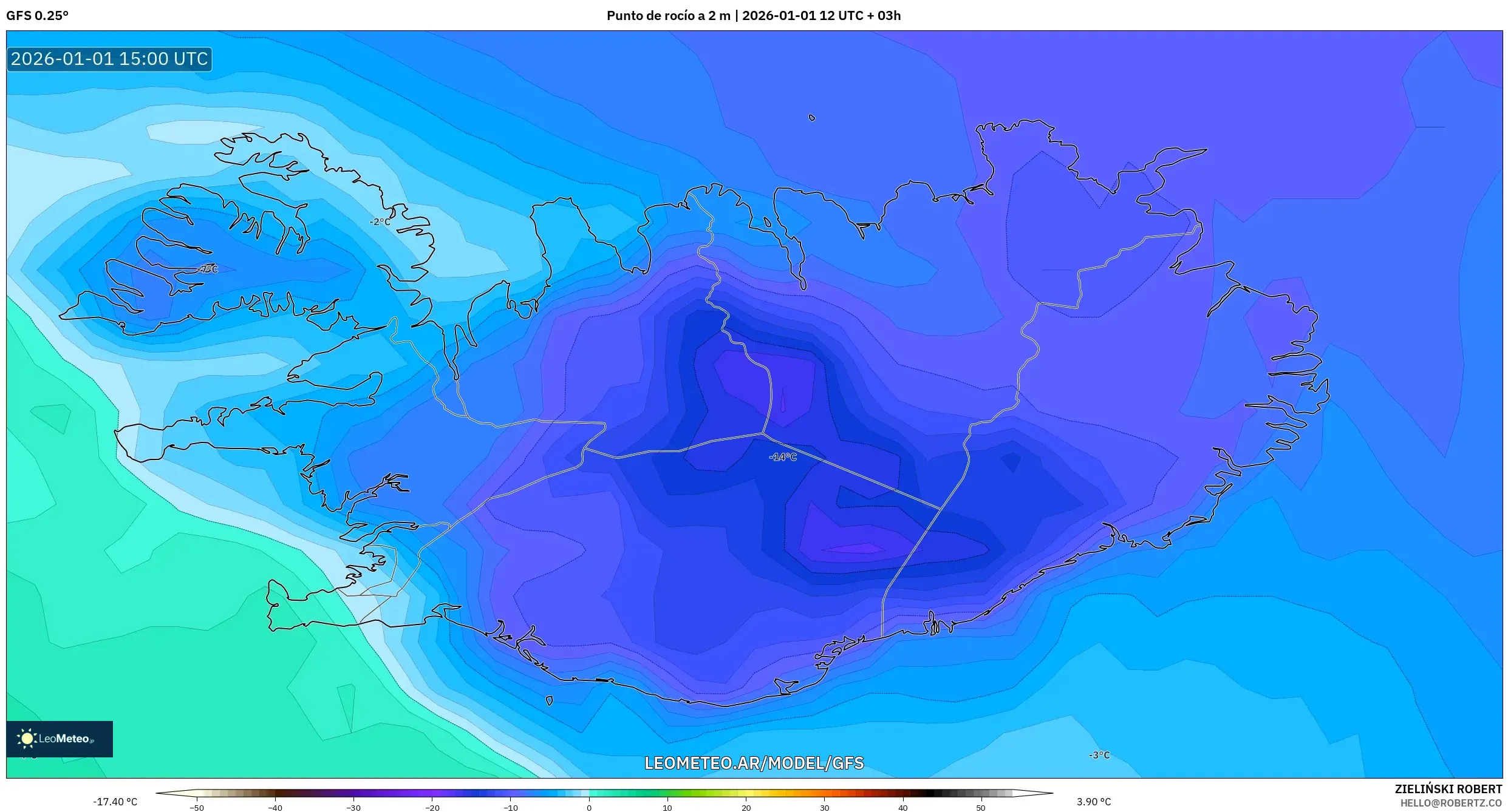 GFS model - Islandia, Punto de rocío a 2 m