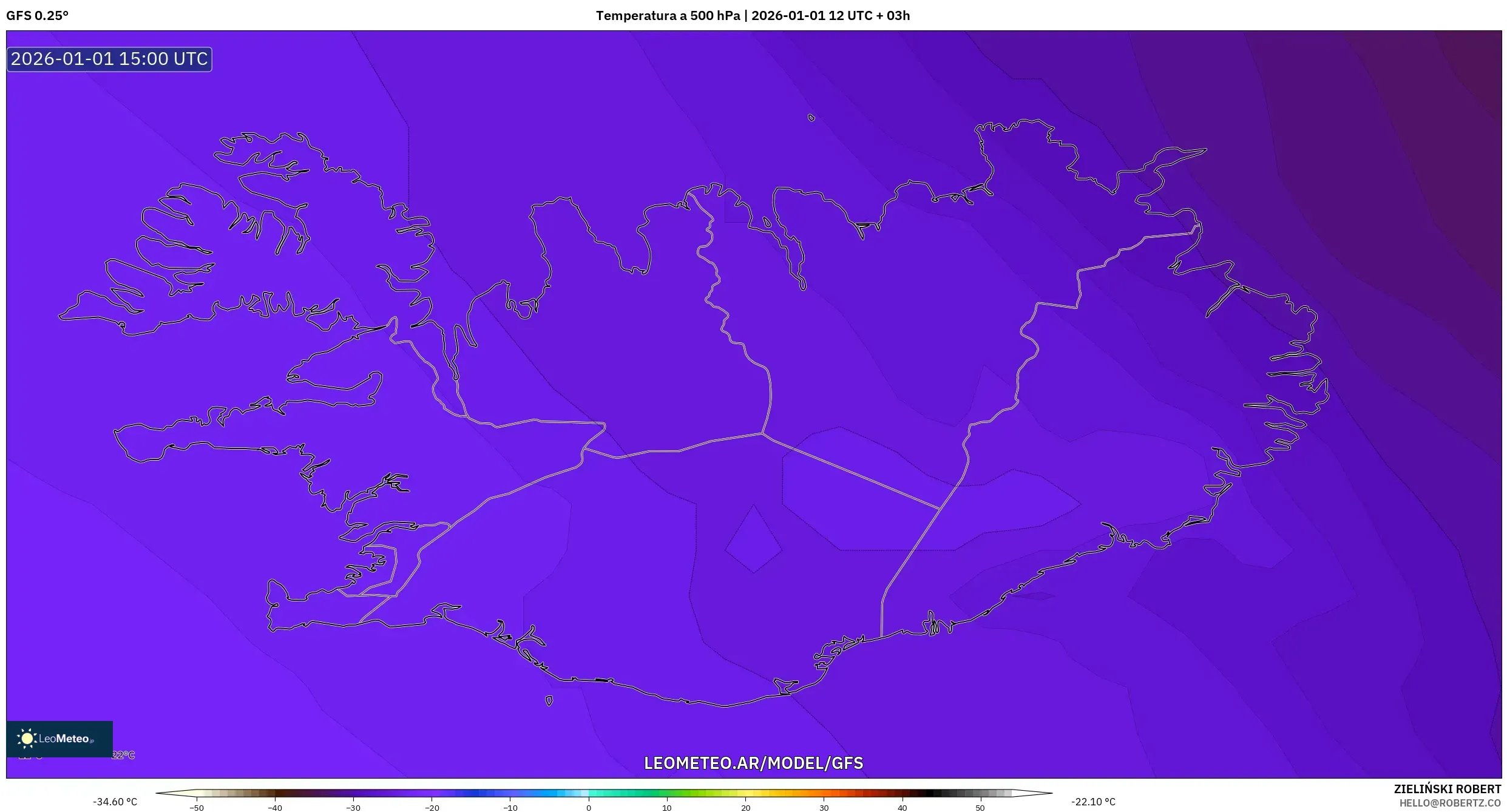 GFS model - Islandia, Temperatura a 500 hPa