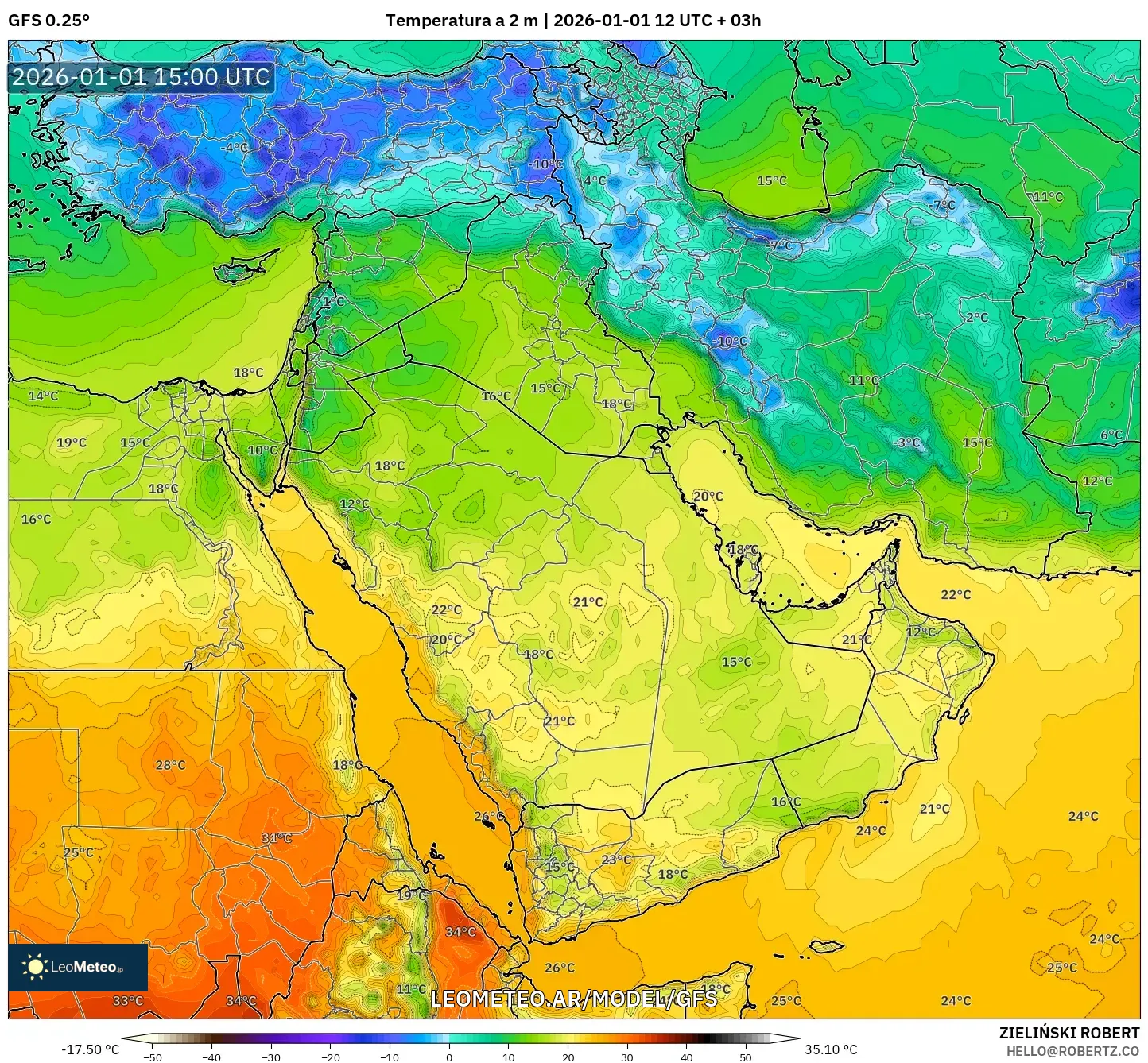 GFS model - Oriente Medio, Temperatura a 2 m