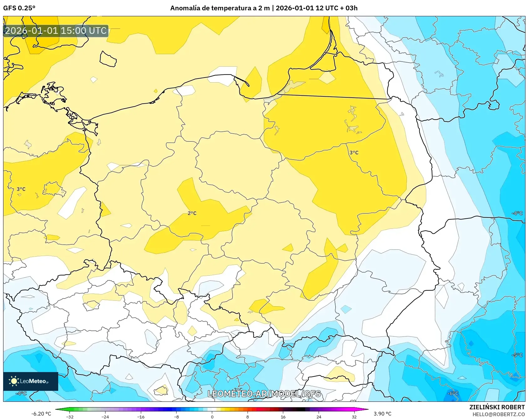 GFS model - Polonia, Anomalía de temperatura a 2 m