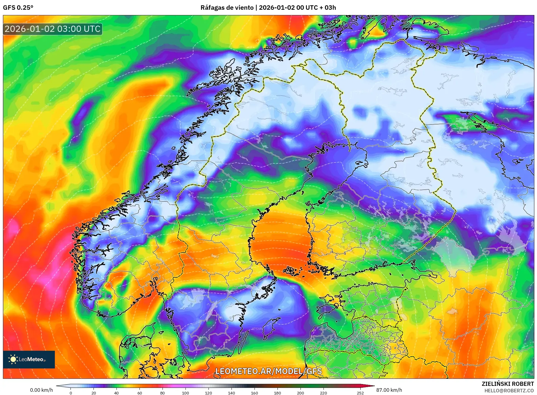 GFS model - Escandinavia, Ráfagas de viento