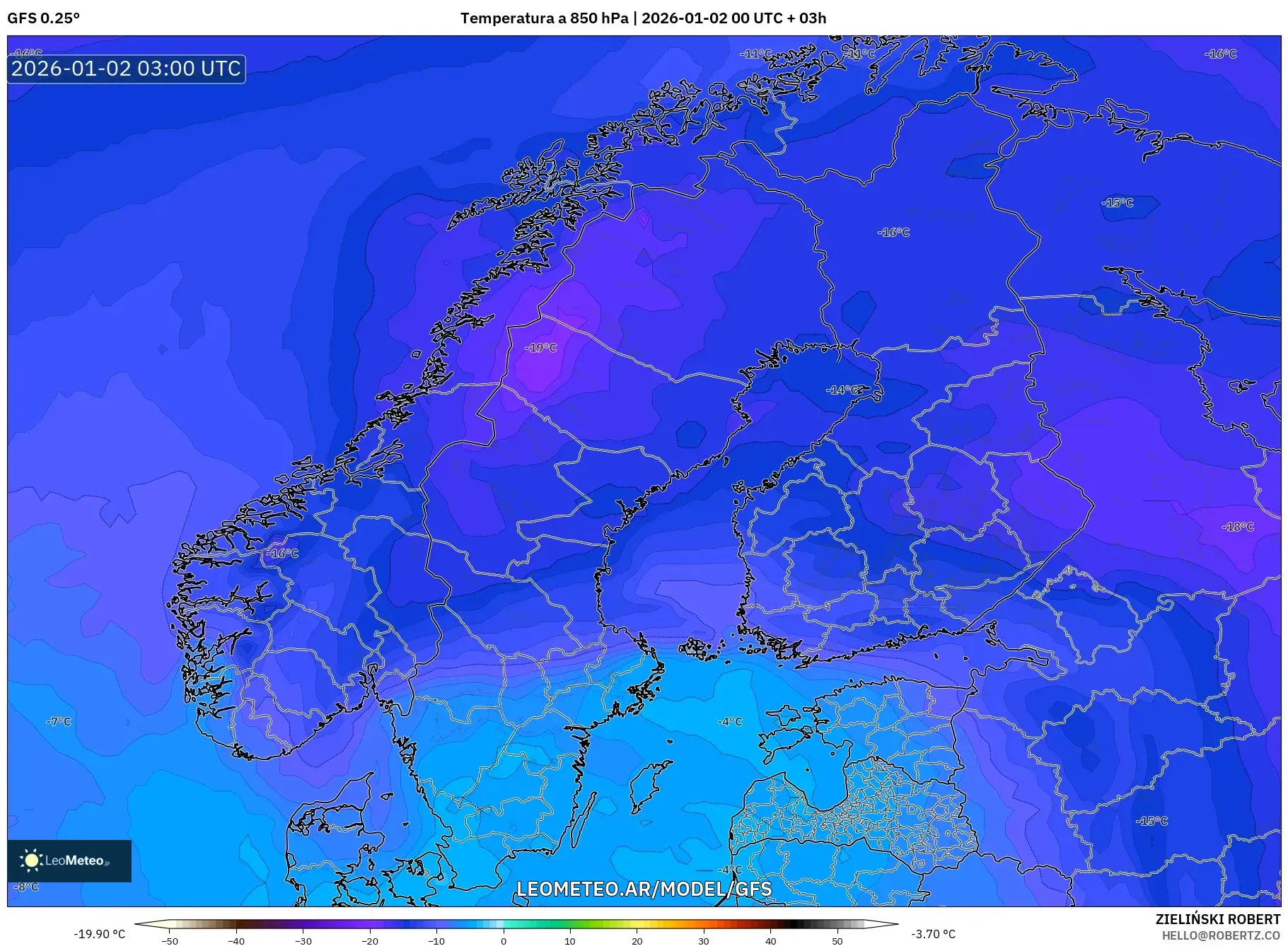 GFS model - Escandinavia, Temperatura a 850 hPa