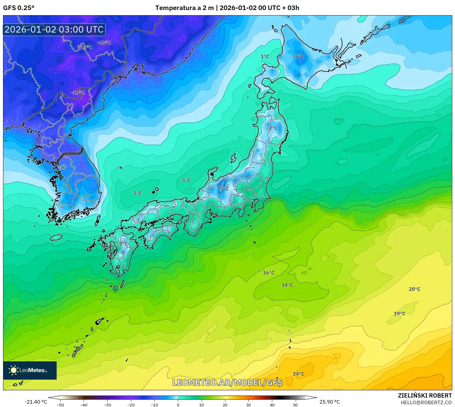 GFS model - Japón, Temperatura a 2 m