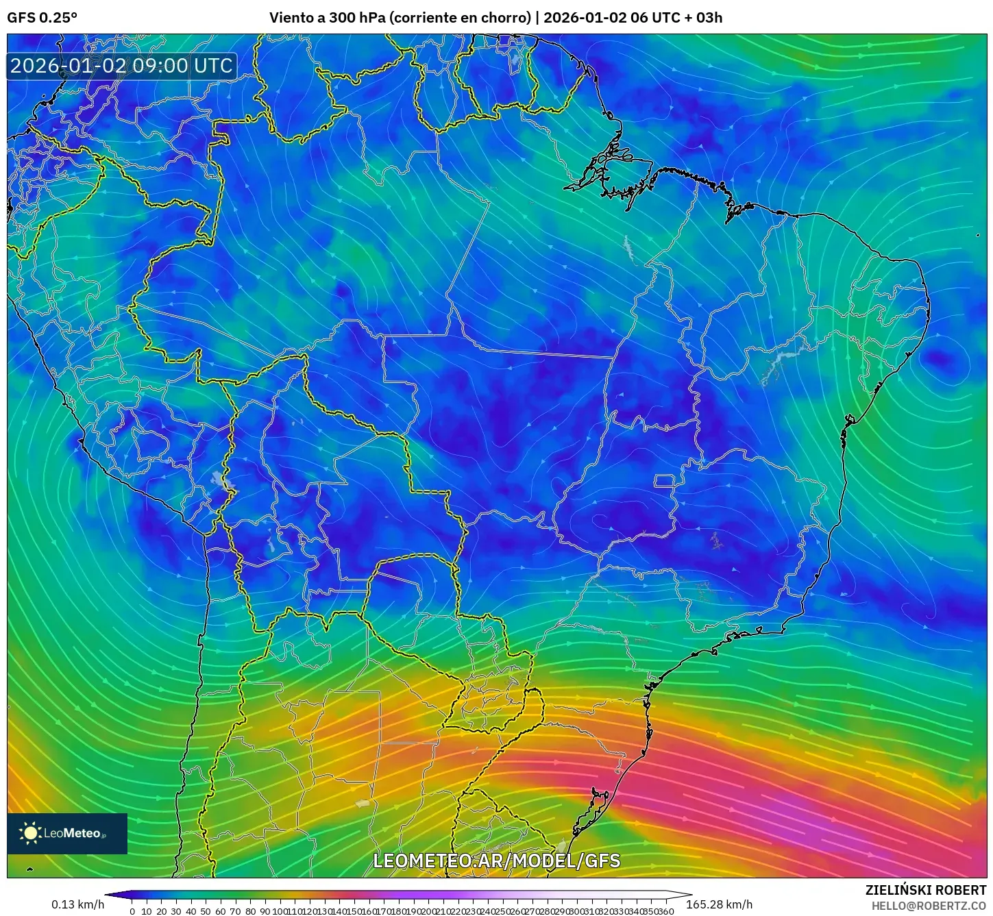 GFS model - Brasil, Viento a 300 hPa (corriente en chorro)