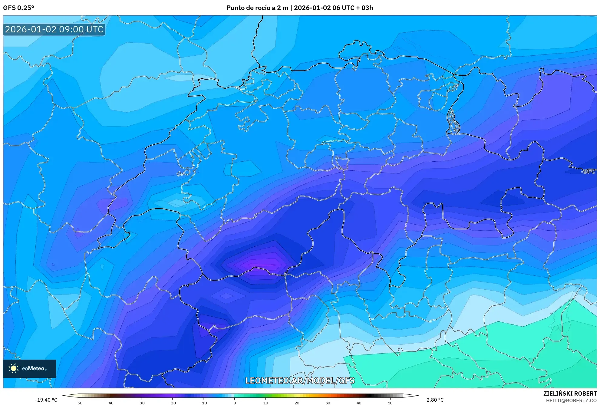 GFS model - Suiza, Punto de rocío a 2 m