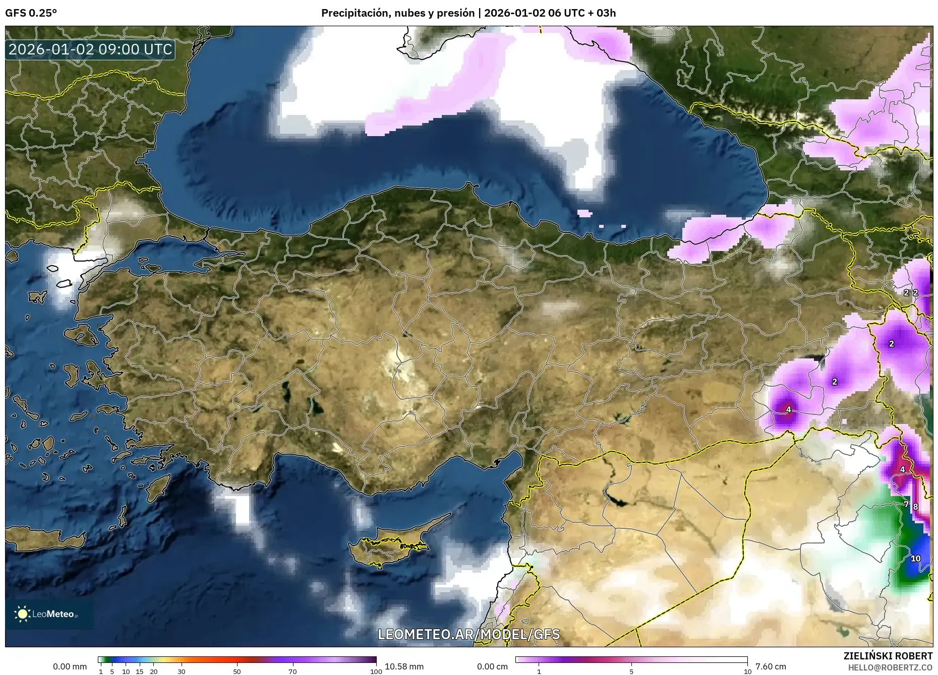 GFS model - Turquía, Precipitación, nubes y presión