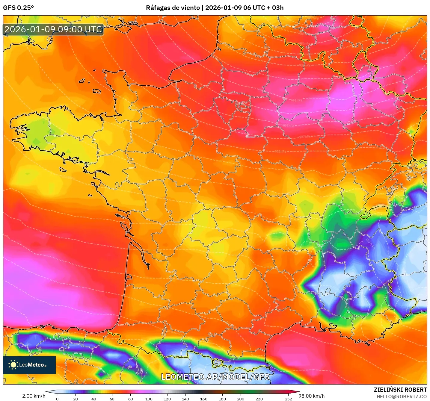 GFS model - Francia, Ráfagas de viento
