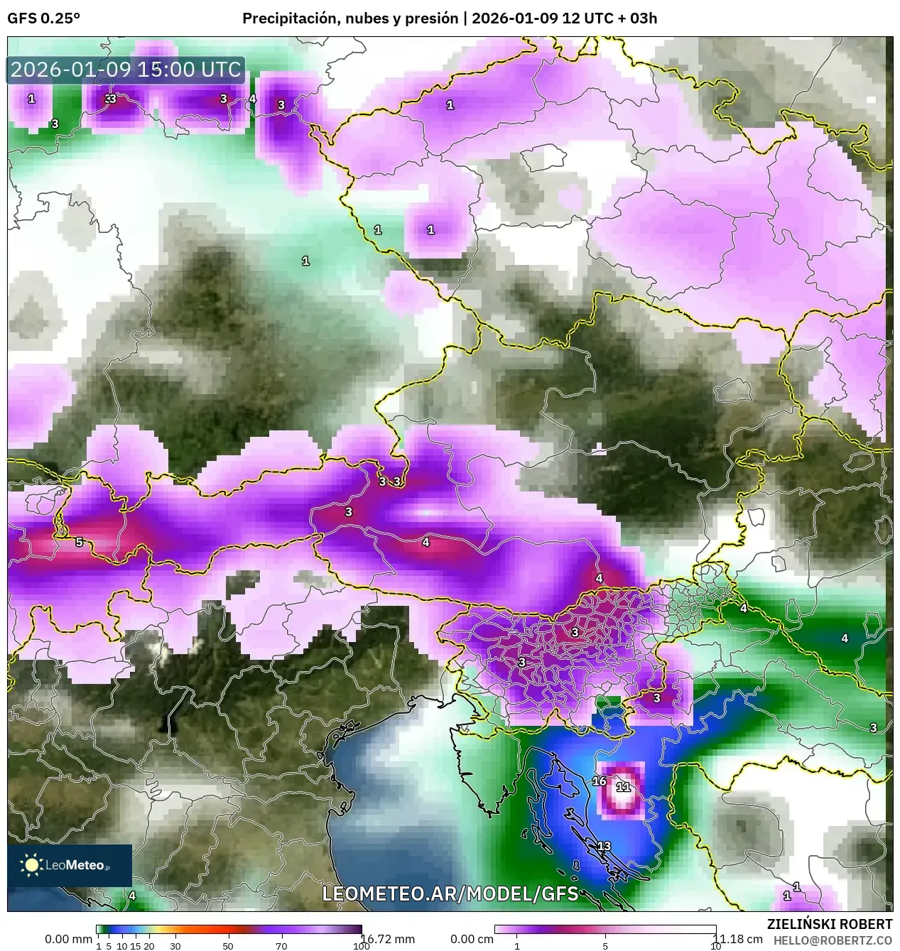 GFS model - Austria, Precipitación, nubes y presión