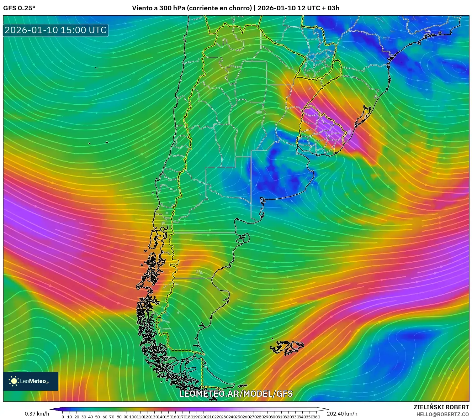 GFS model - Argentina, Viento a 300 hPa (corriente en chorro)