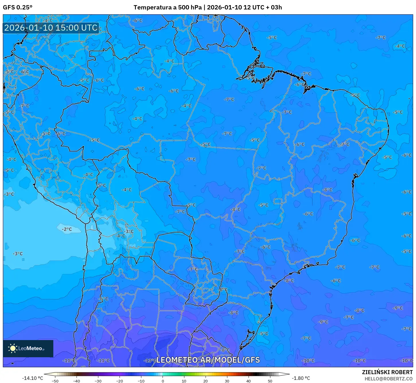 GFS model - Brasil, Temperatura a 500 hPa