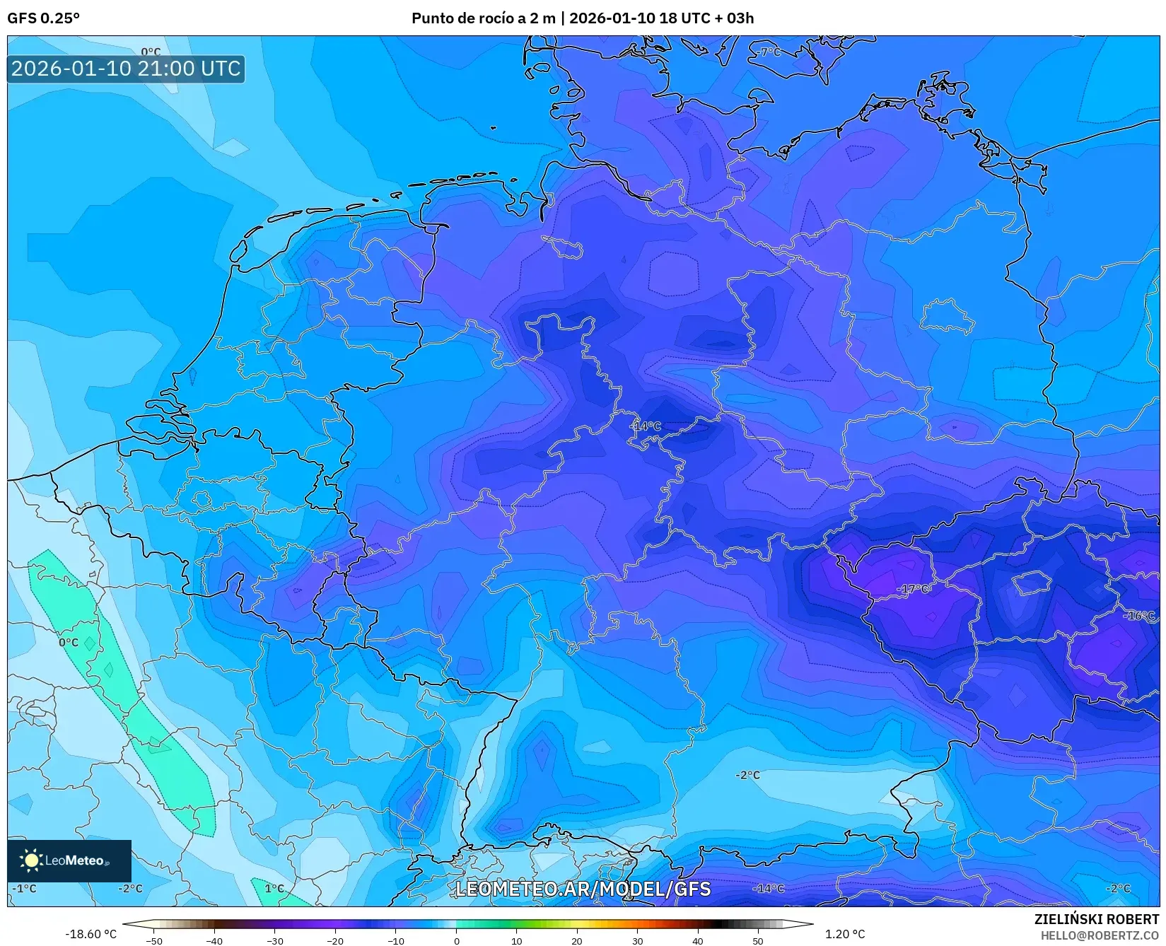 GFS model - Alemania, Punto de rocío a 2 m