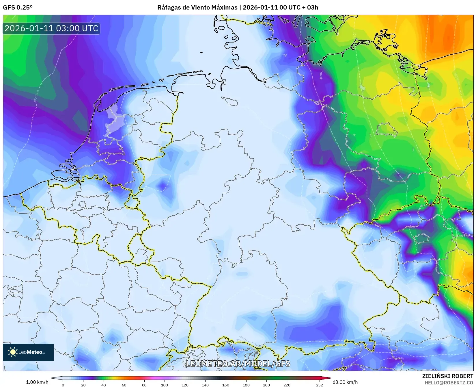 GFS model - Alemania, Ráfagas de Viento Máximas