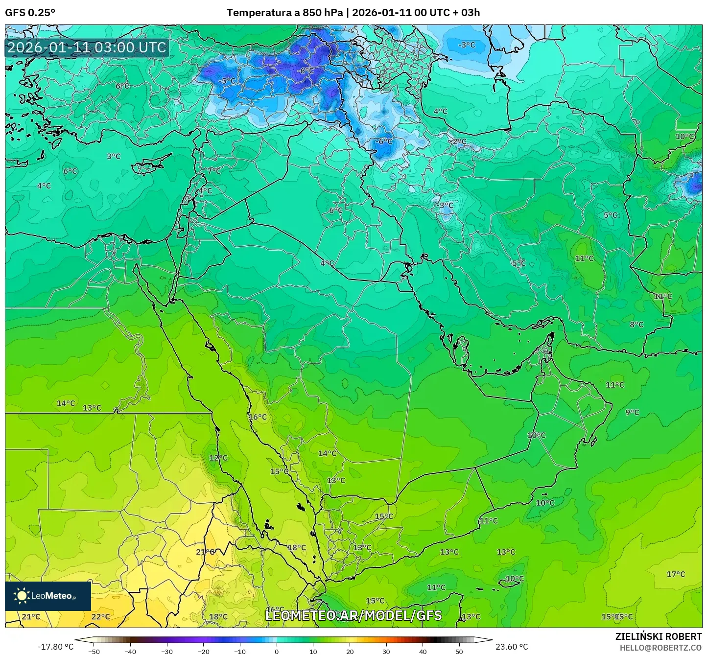 GFS model - Oriente Medio, Temperatura a 850 hPa