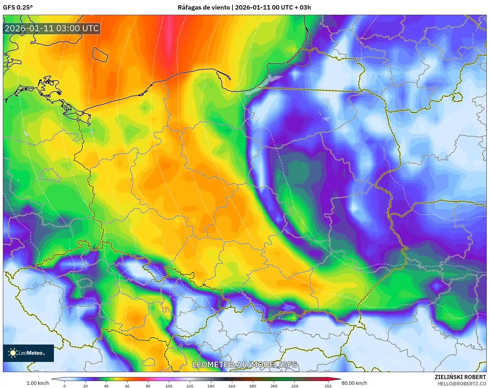 GFS model - Polonia, Ráfagas de viento
