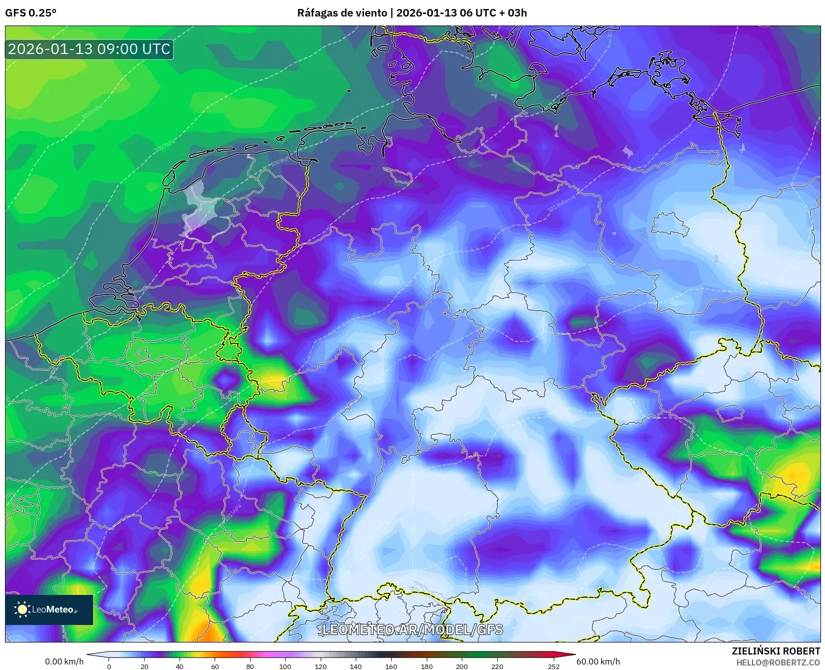 GFS model - Alemania, Ráfagas de viento