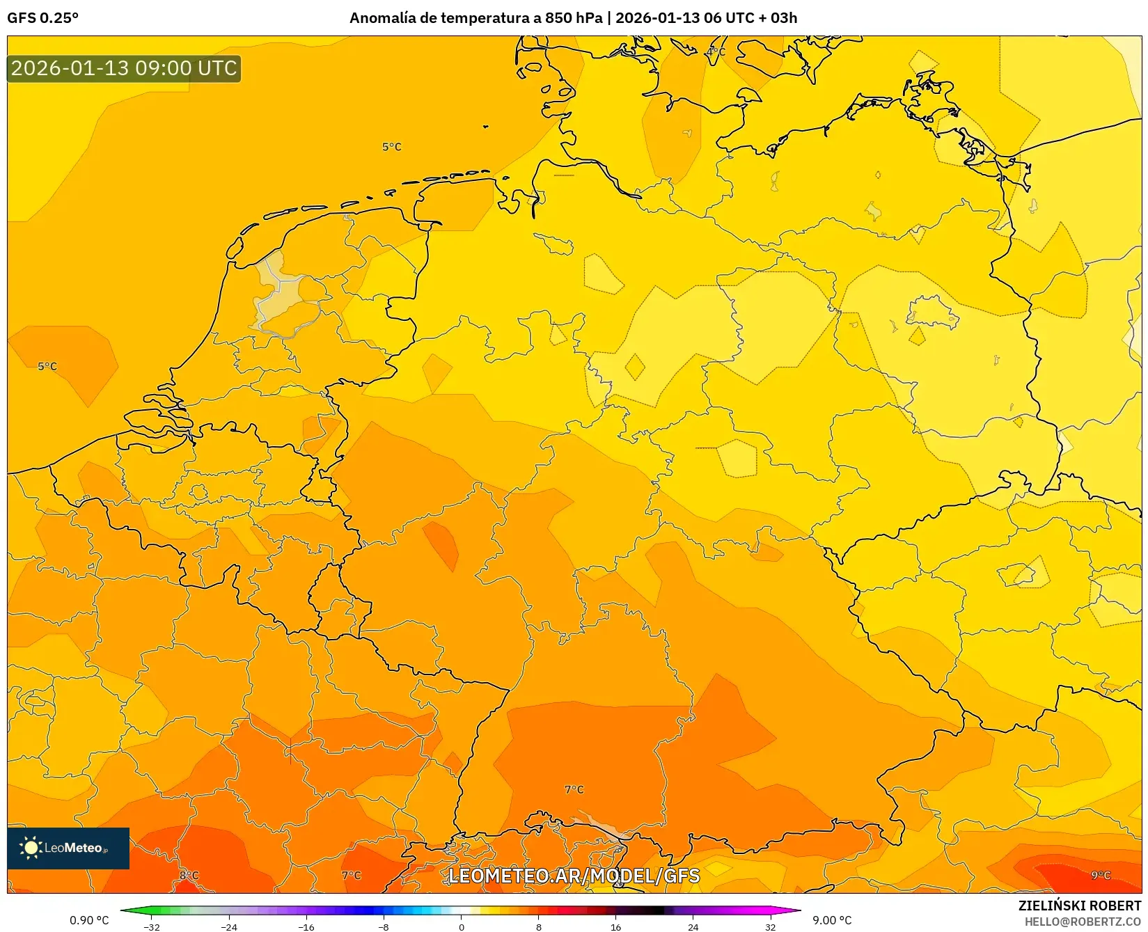 GFS model - Alemania, Anomalía de temperatura a 850 hPa