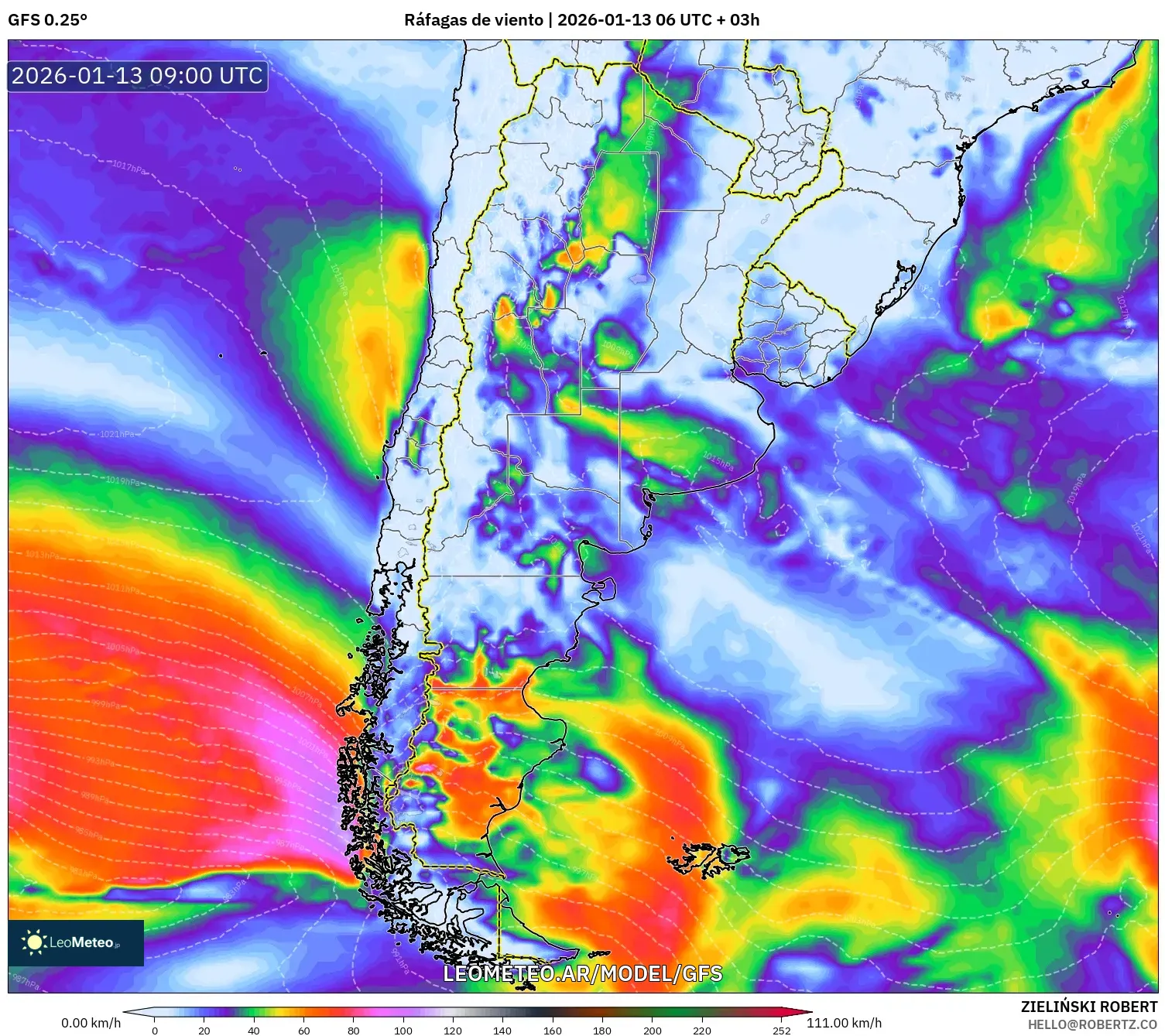 GFS model - Argentina, Ráfagas de viento