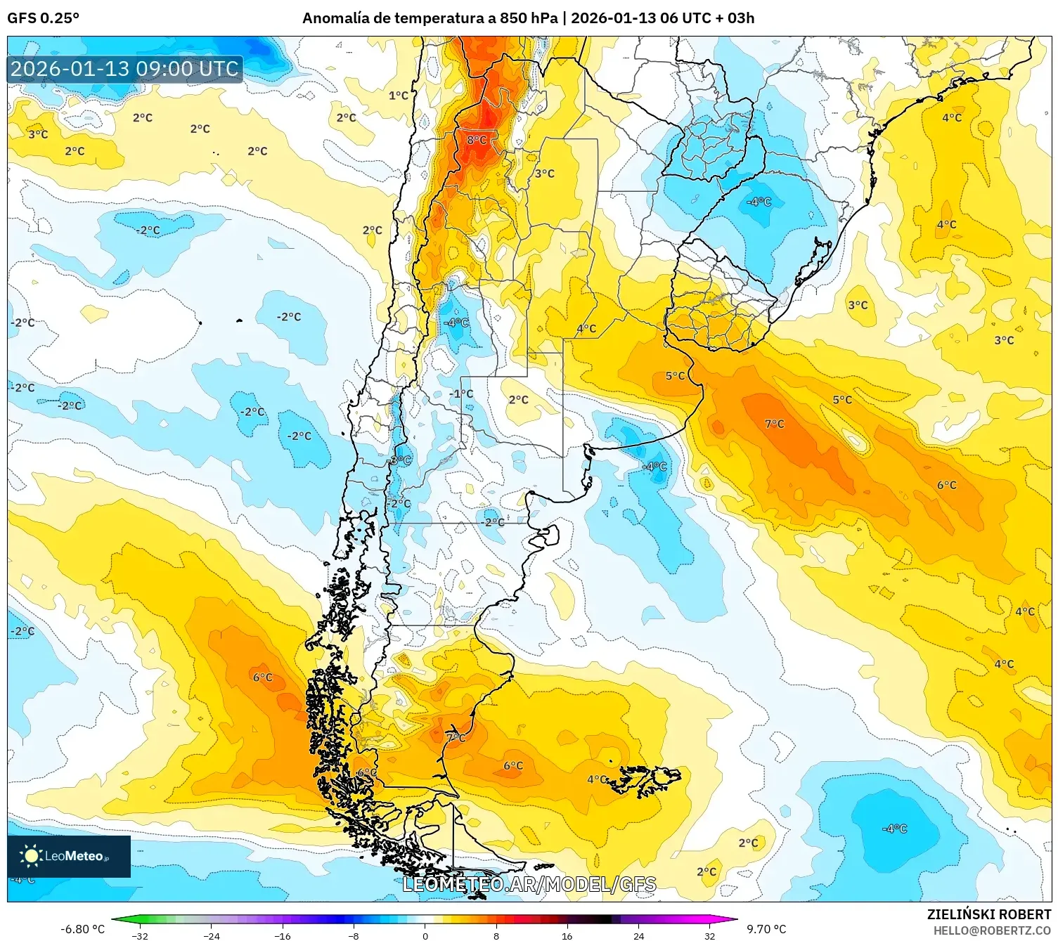 GFS model - Argentina, Anomalía de temperatura a 850 hPa