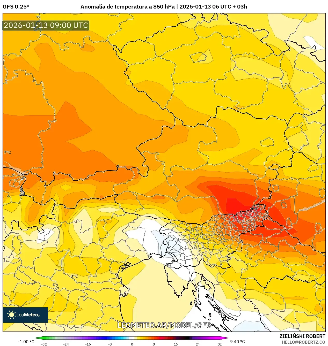 GFS model - Austria, Anomalía de temperatura a 850 hPa
