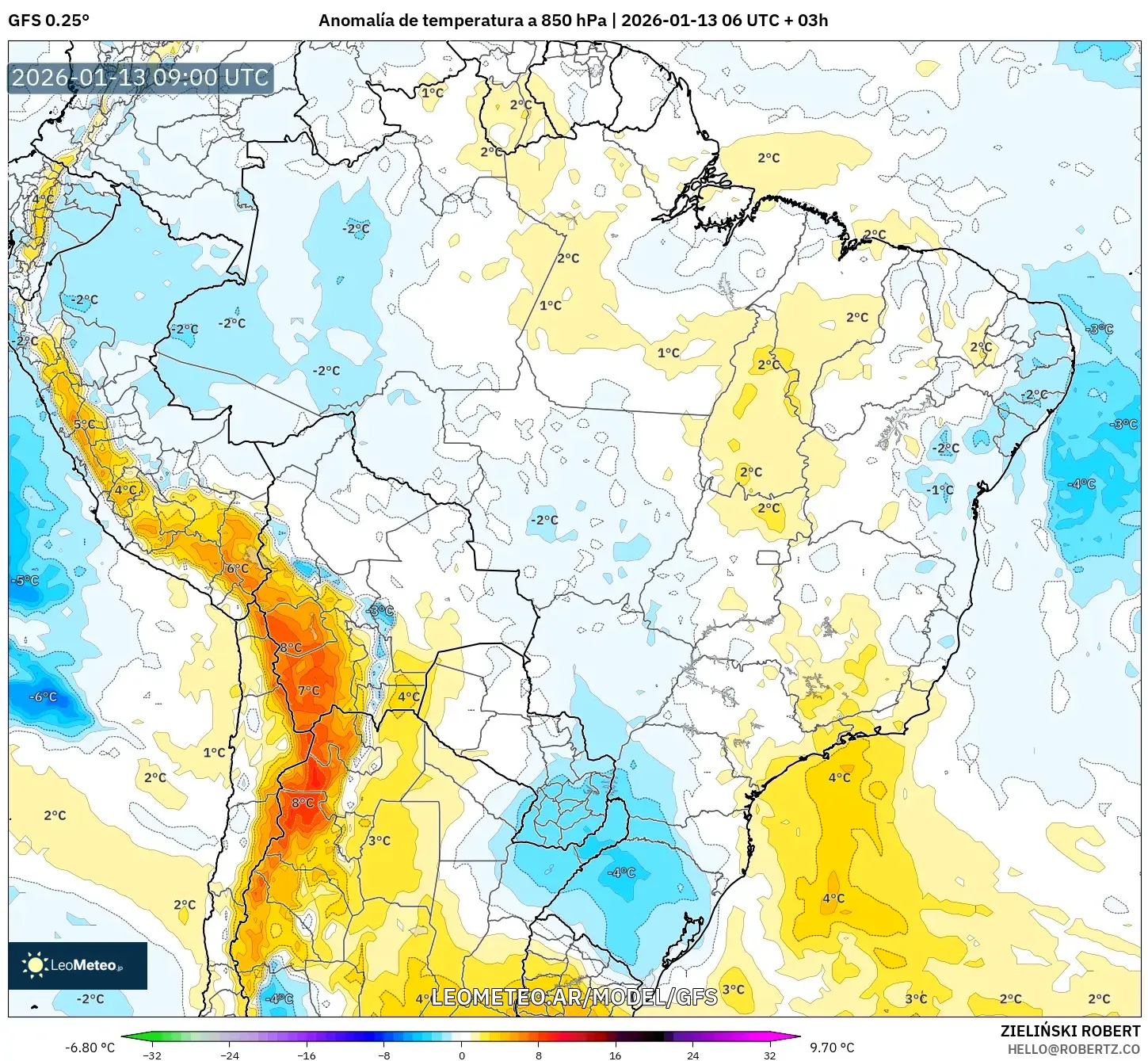 GFS model - Brasil, Anomalía de temperatura a 850 hPa