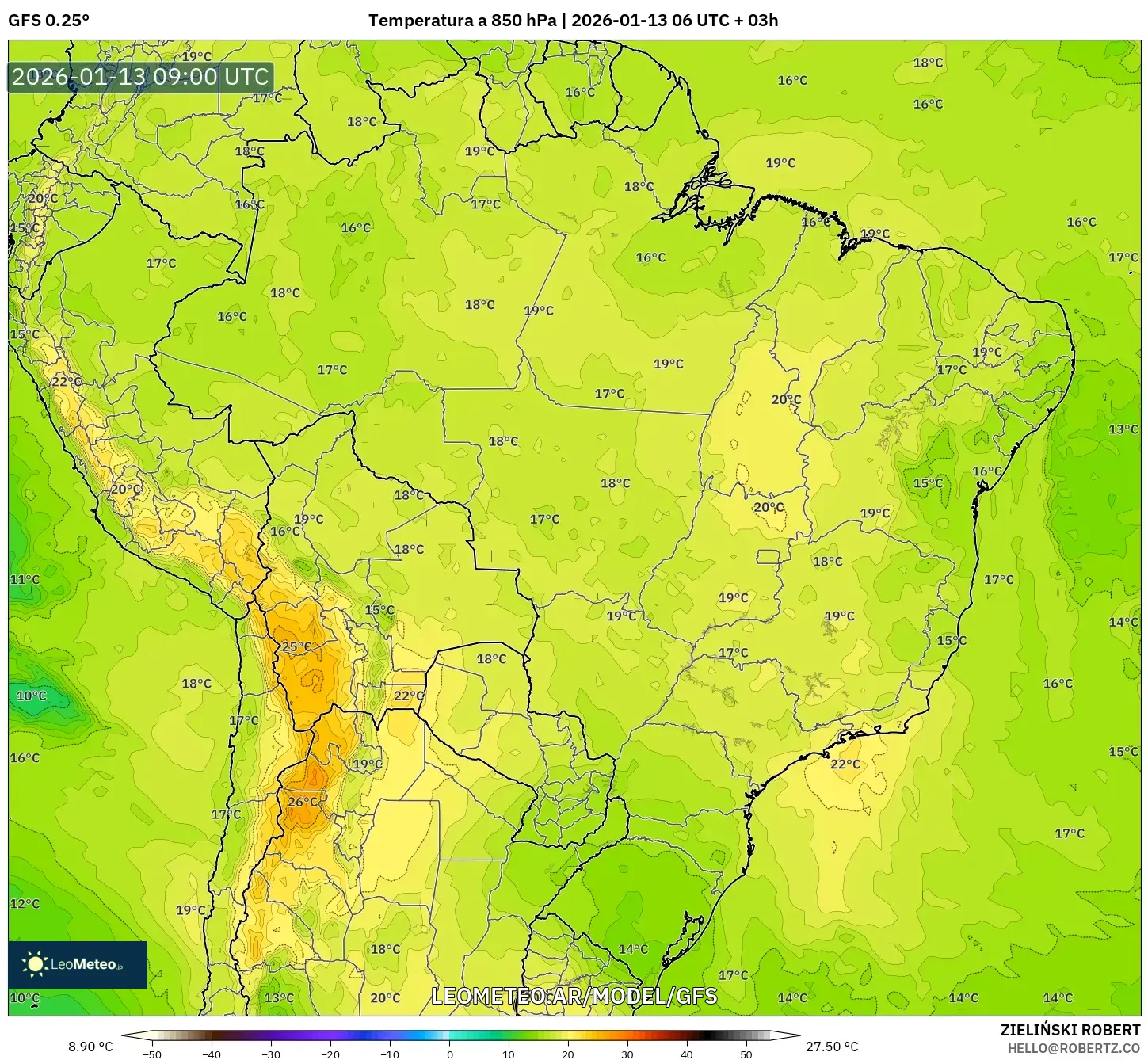 GFS model - Brasil, Temperatura a 850 hPa