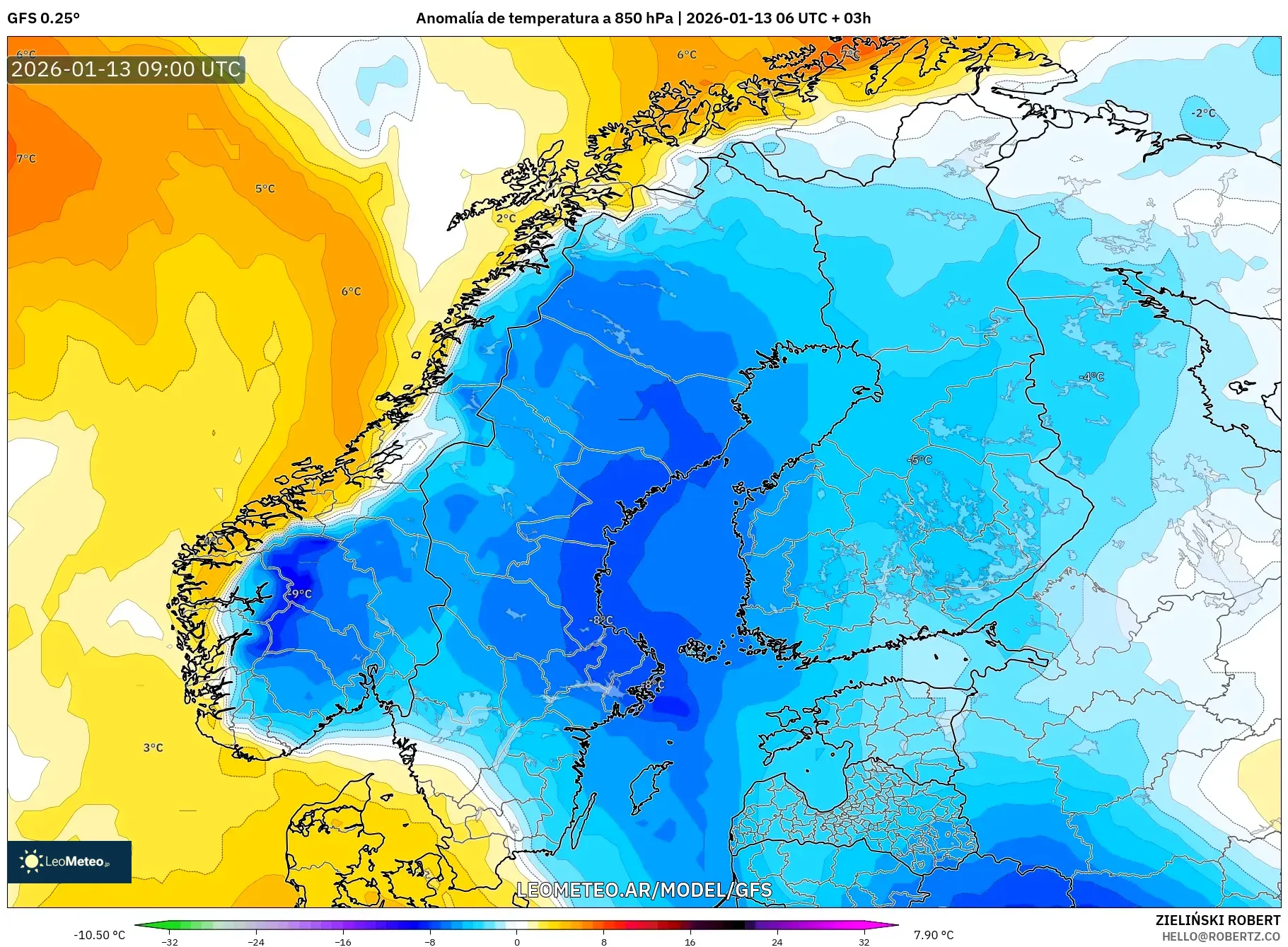 GFS model - Escandinavia, Anomalía de temperatura a 850 hPa