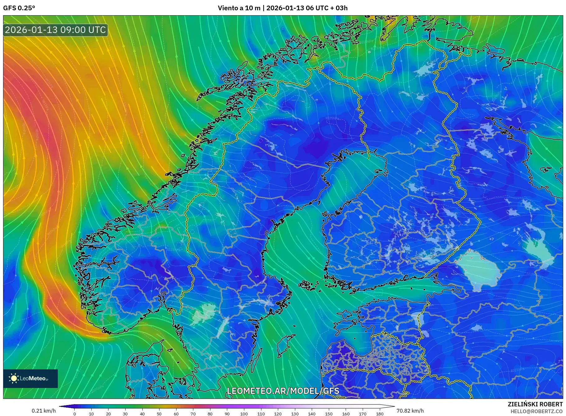 GFS model - Escandinavia, Viento a 10 m