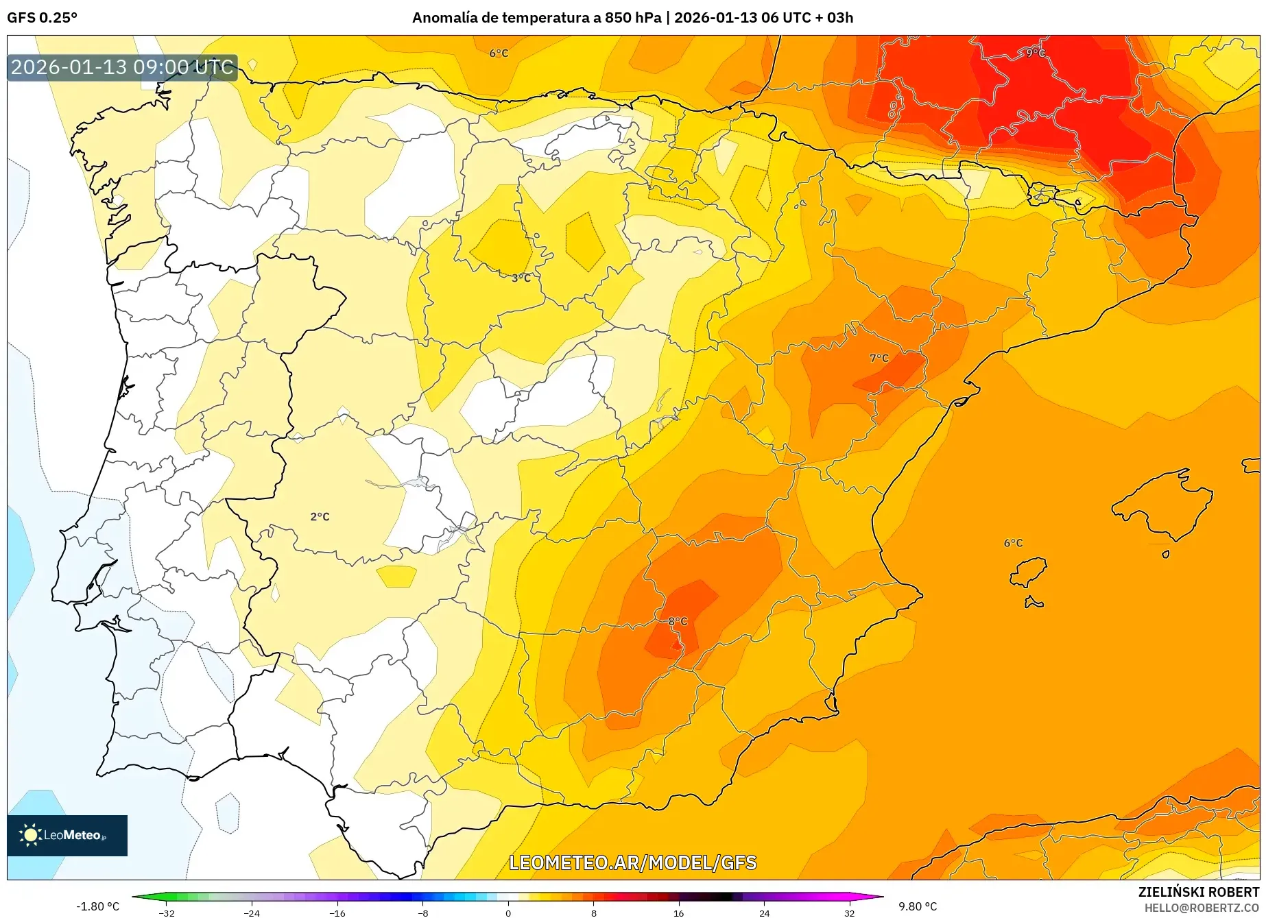 GFS model - España, Anomalía de temperatura a 850 hPa