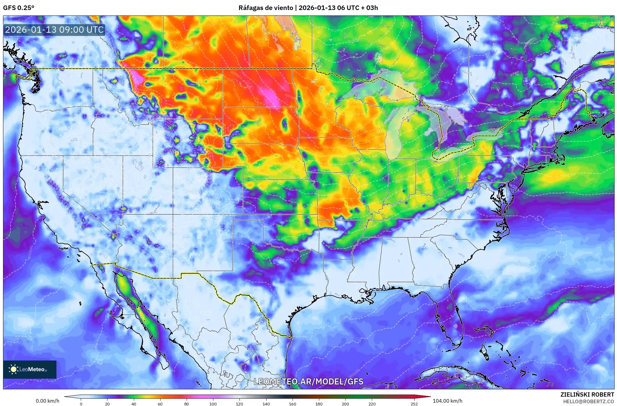 GFS model - Estados Unidos, Ráfagas de viento