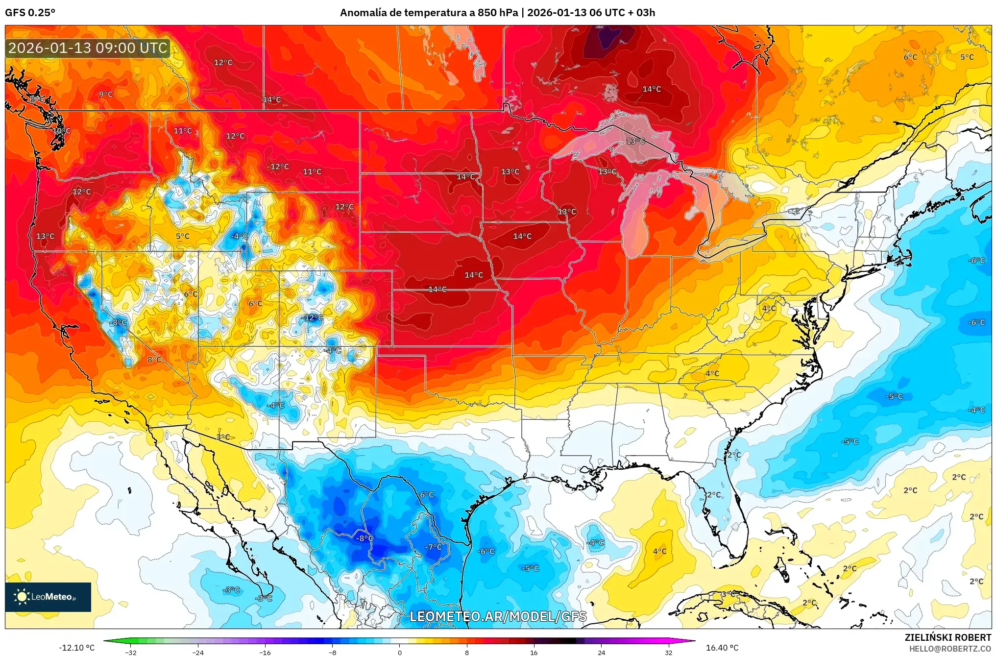 GFS model - Estados Unidos, Anomalía de temperatura a 850 hPa
