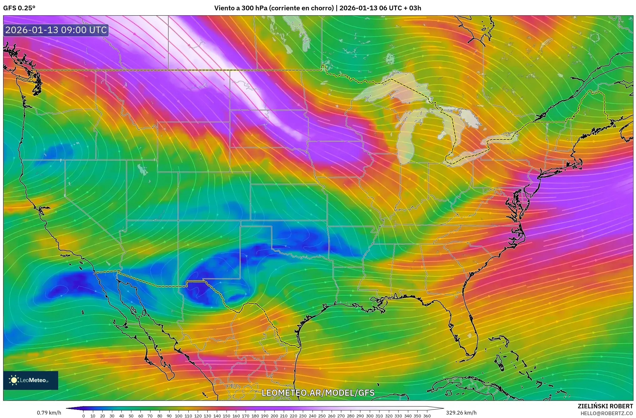 GFS model - Estados Unidos, Viento a 300 hPa (corriente en chorro)