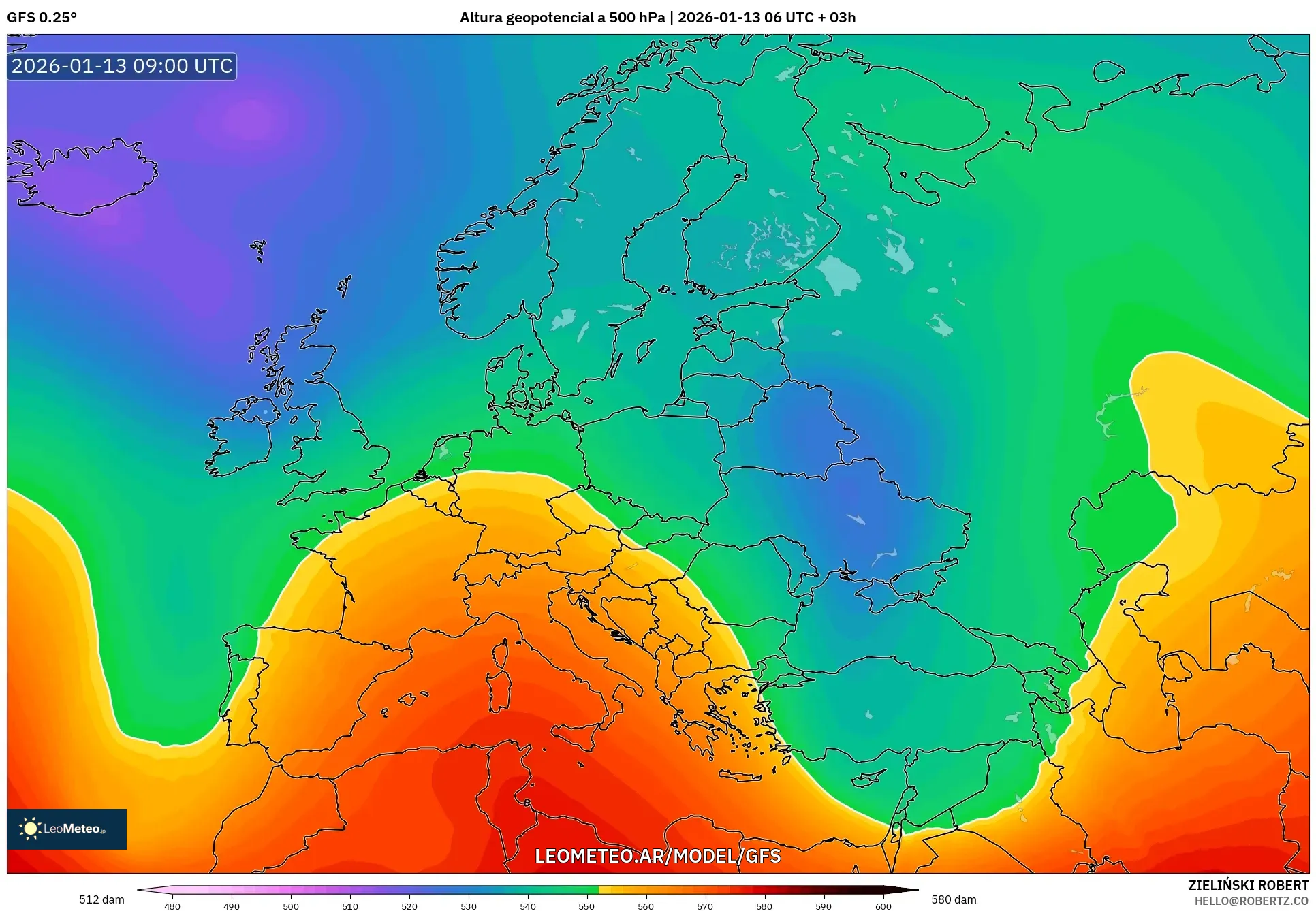 GFS model - Europa, Altura geopotencial a 500 hPa