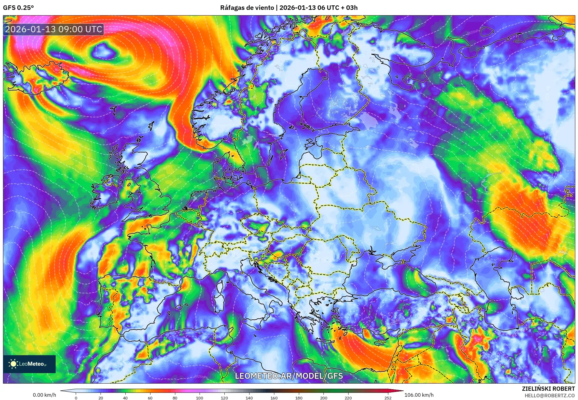 GFS model - Europa, Ráfagas de viento