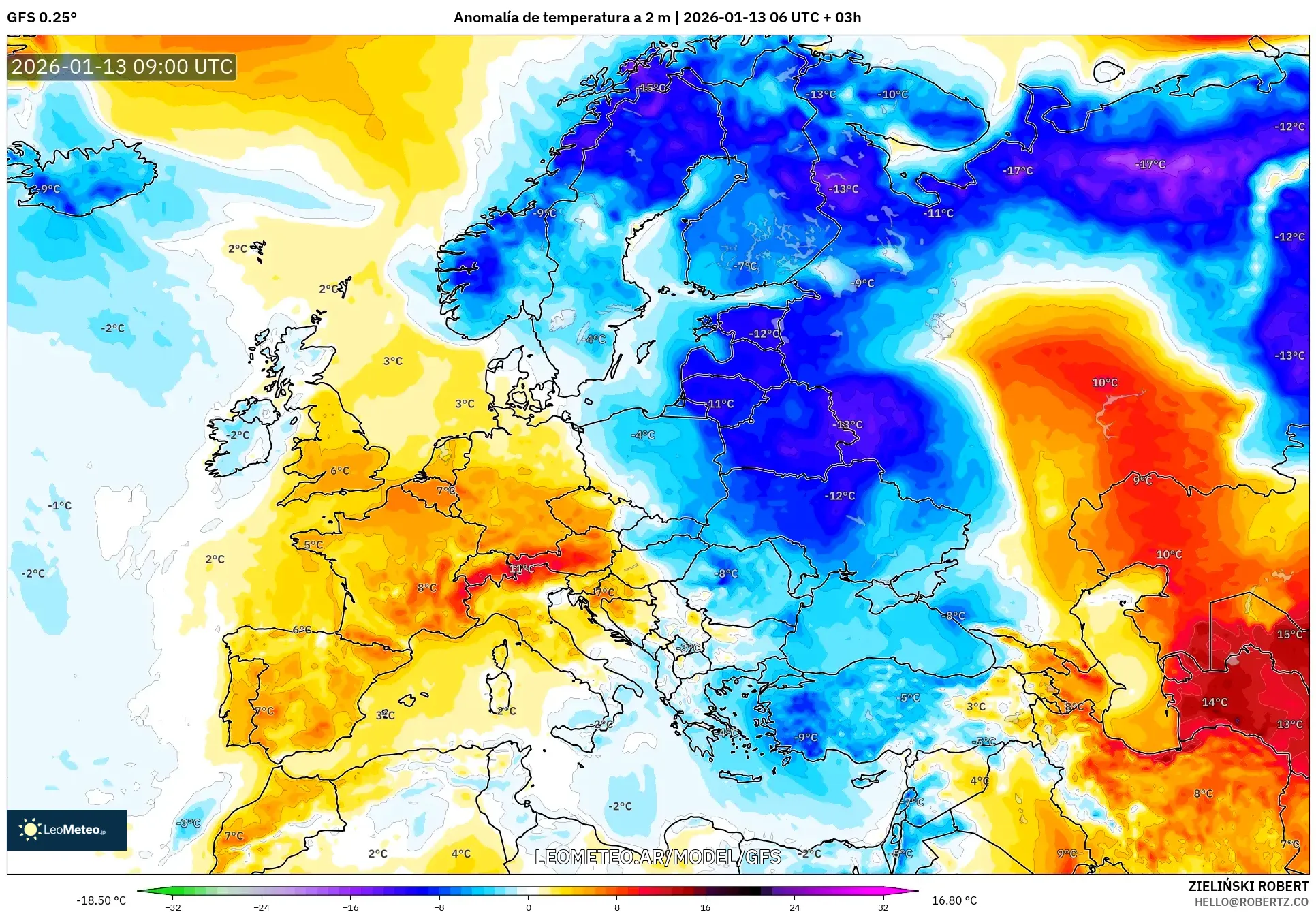 GFS model - Europa, Anomalía de temperatura a 2 m