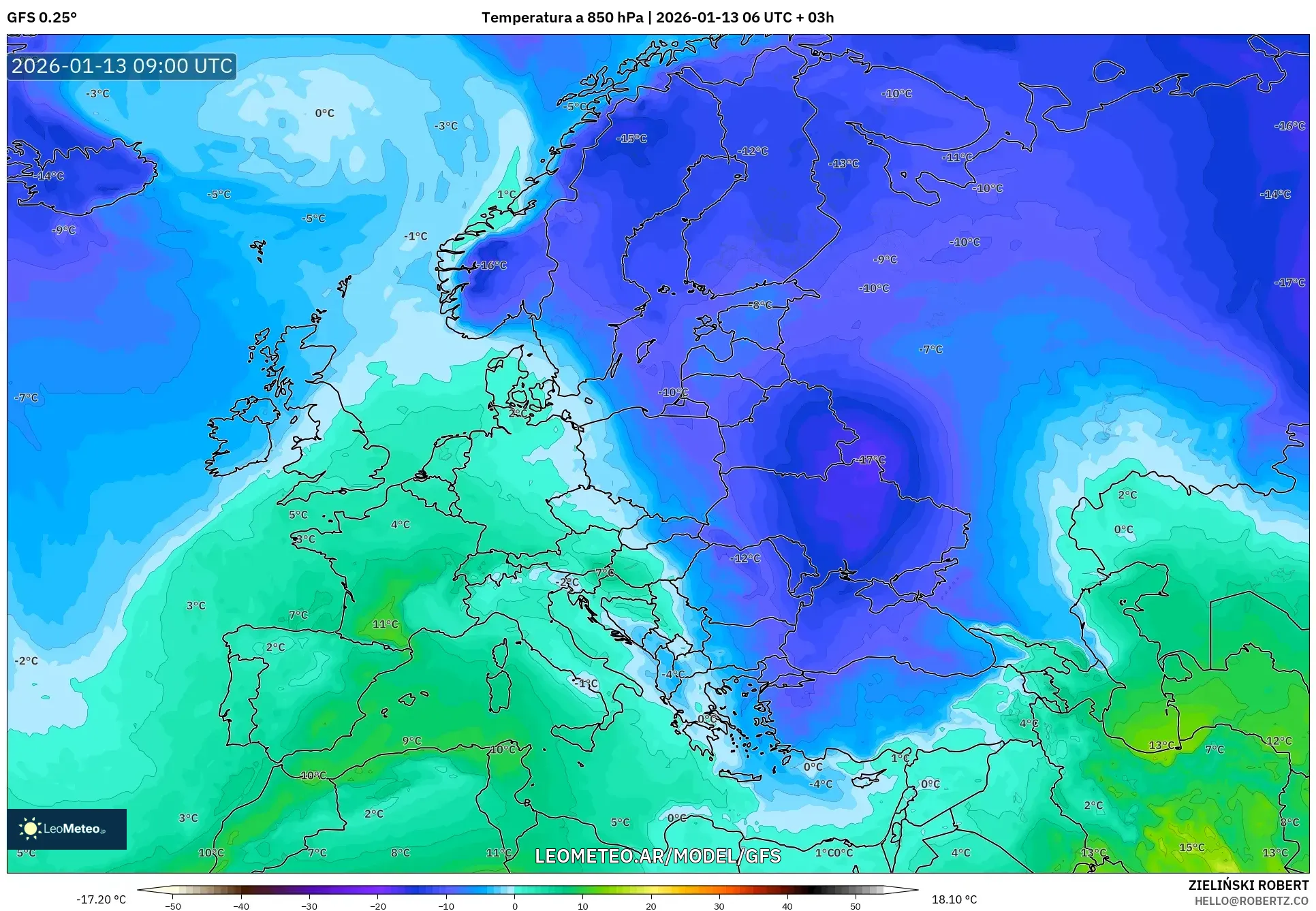 GFS model - Europa, Temperatura a 850 hPa