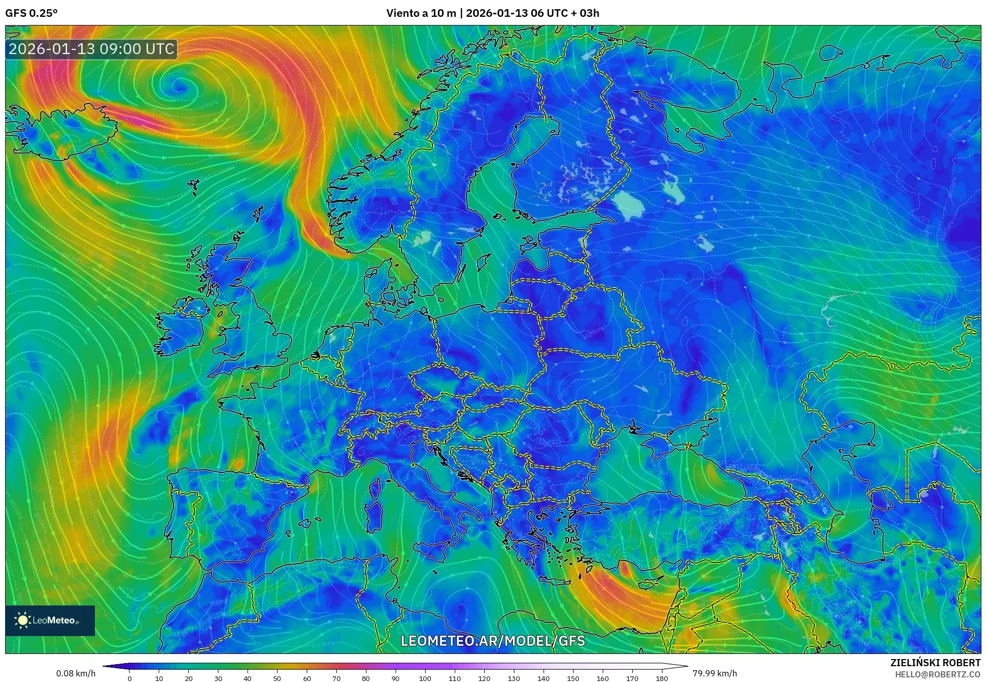 GFS model - Europa, Viento a 10 m