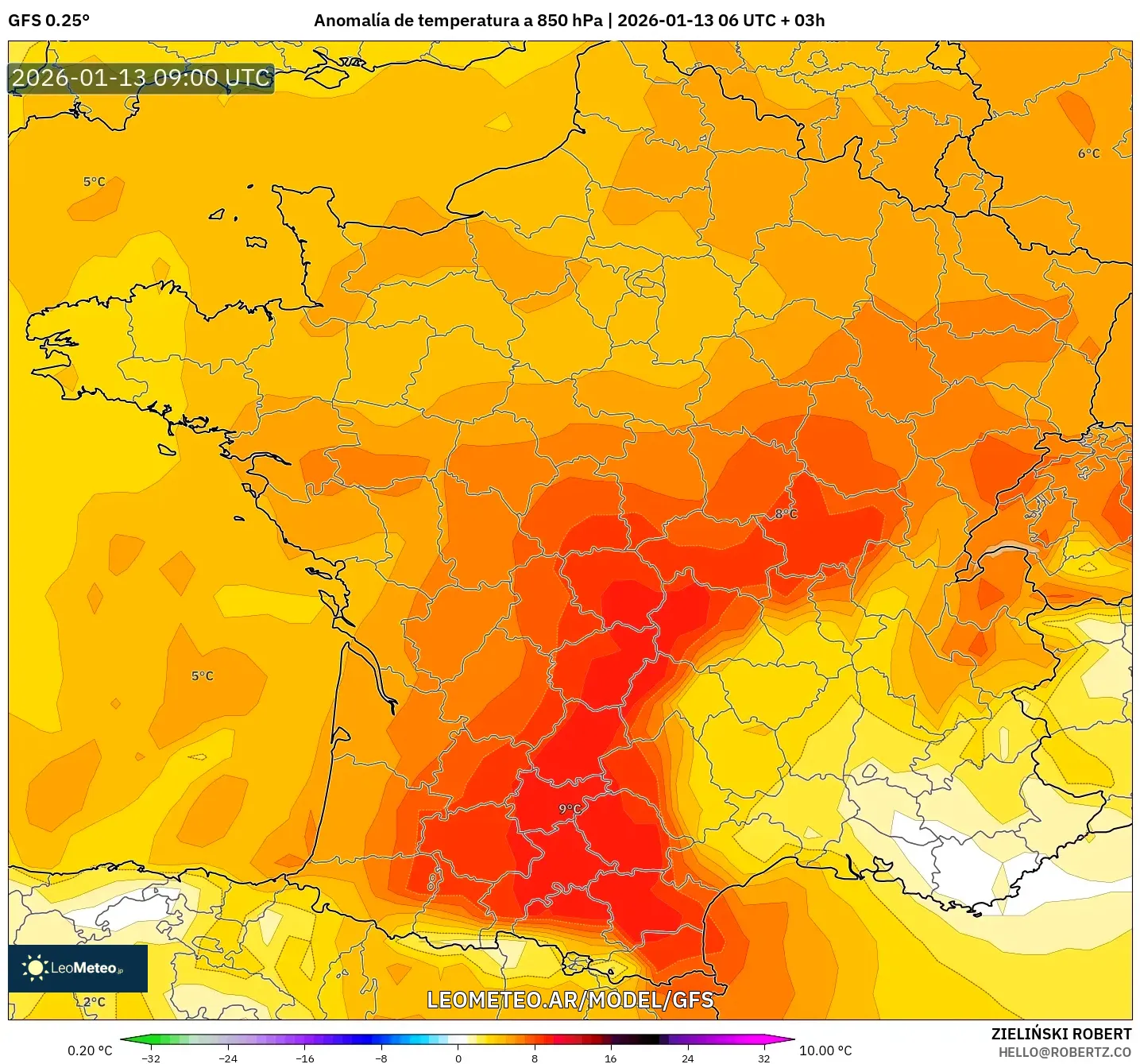 GFS model - Francia, Anomalía de temperatura a 850 hPa