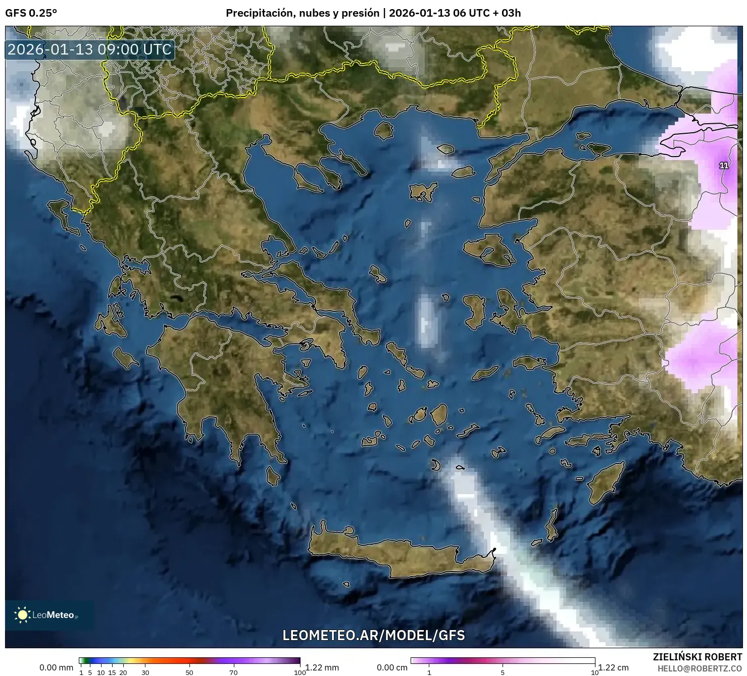 GFS model - Grecia, Precipitación, nubes y presión