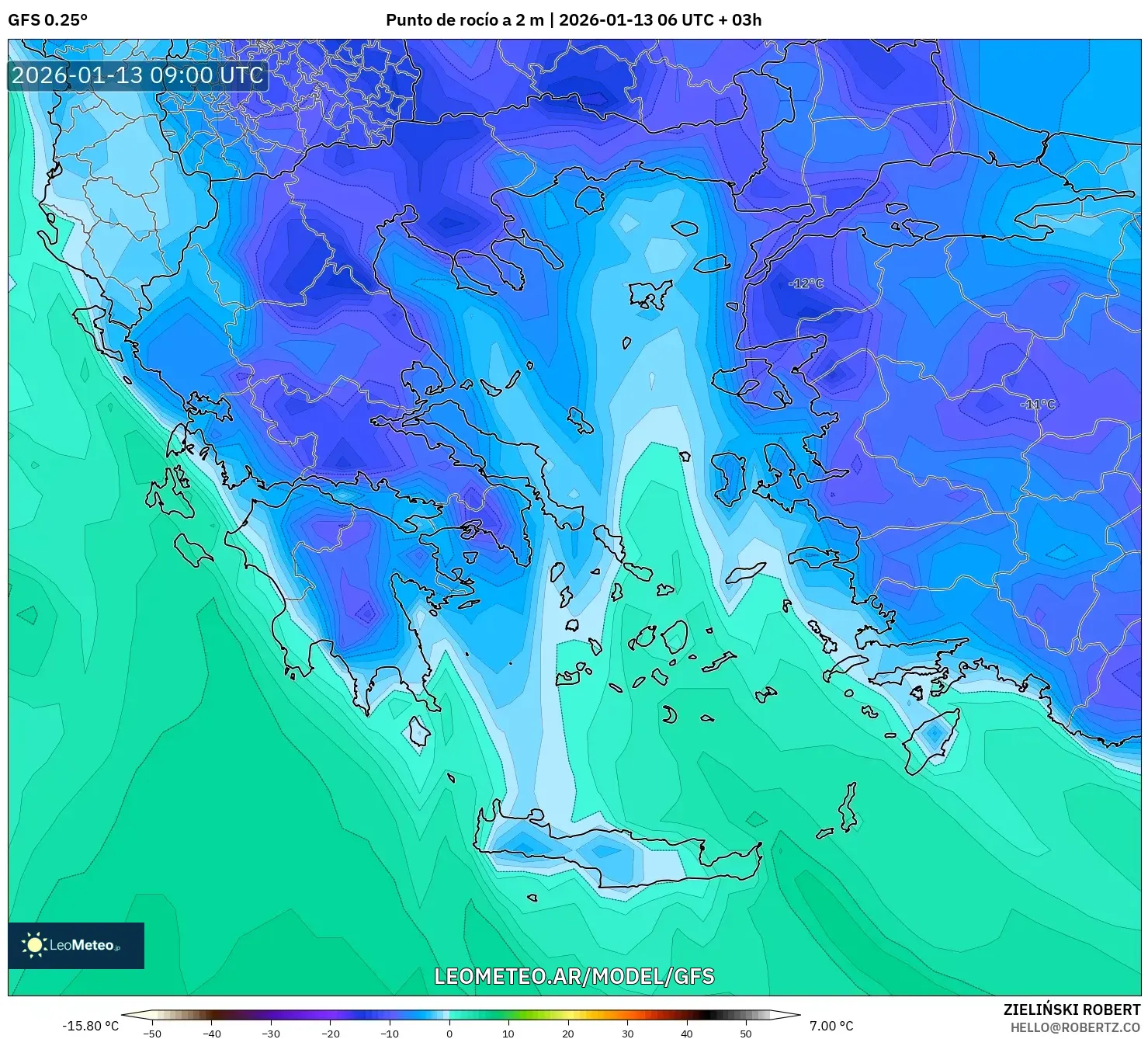 GFS model - Grecia, Punto de rocío a 2 m