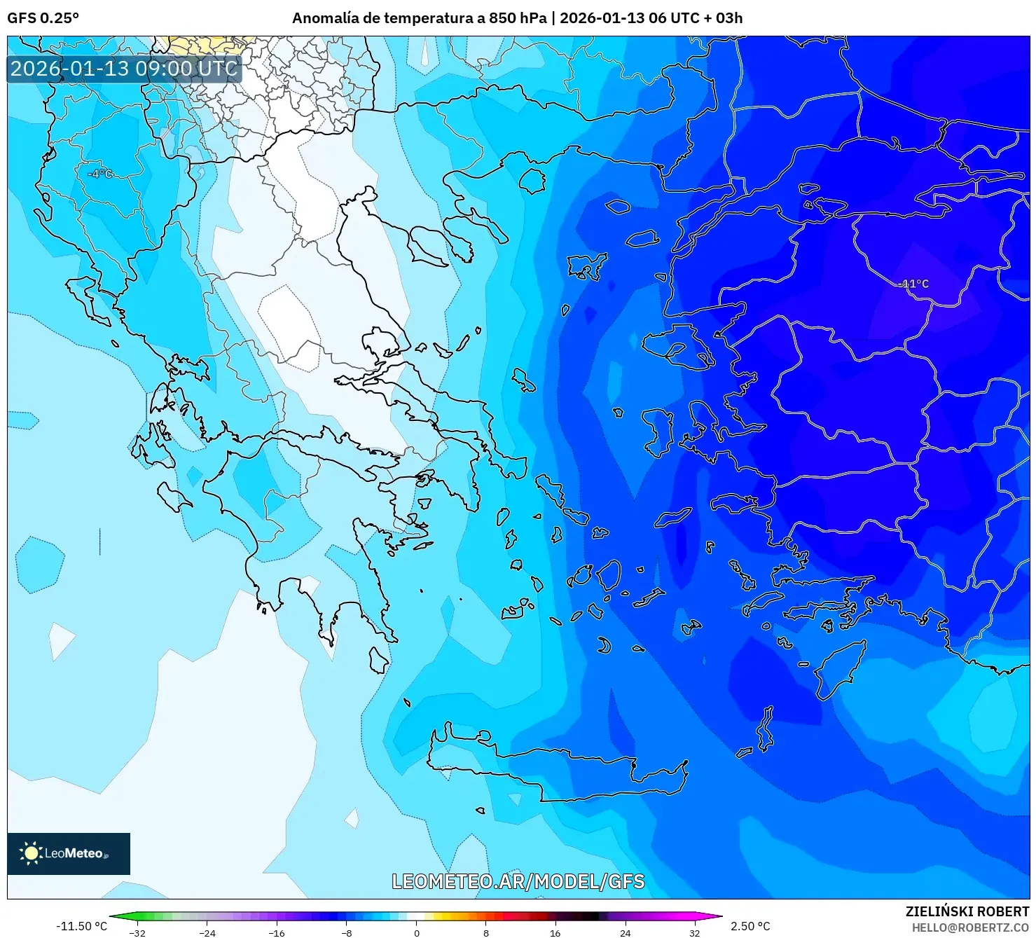GFS model - Grecia, Anomalía de temperatura a 850 hPa
