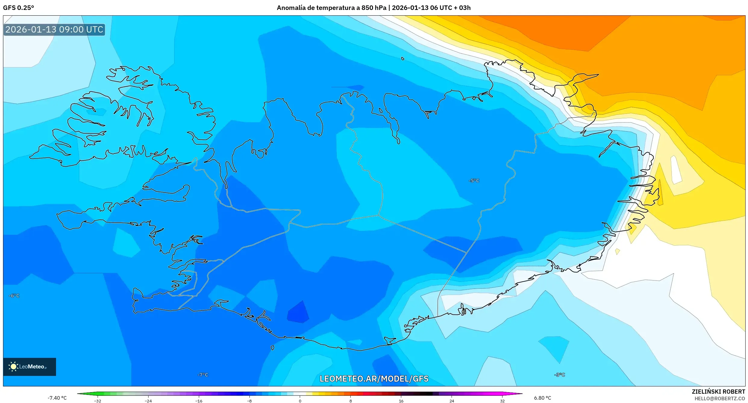 GFS model - Islandia, Anomalía de temperatura a 850 hPa