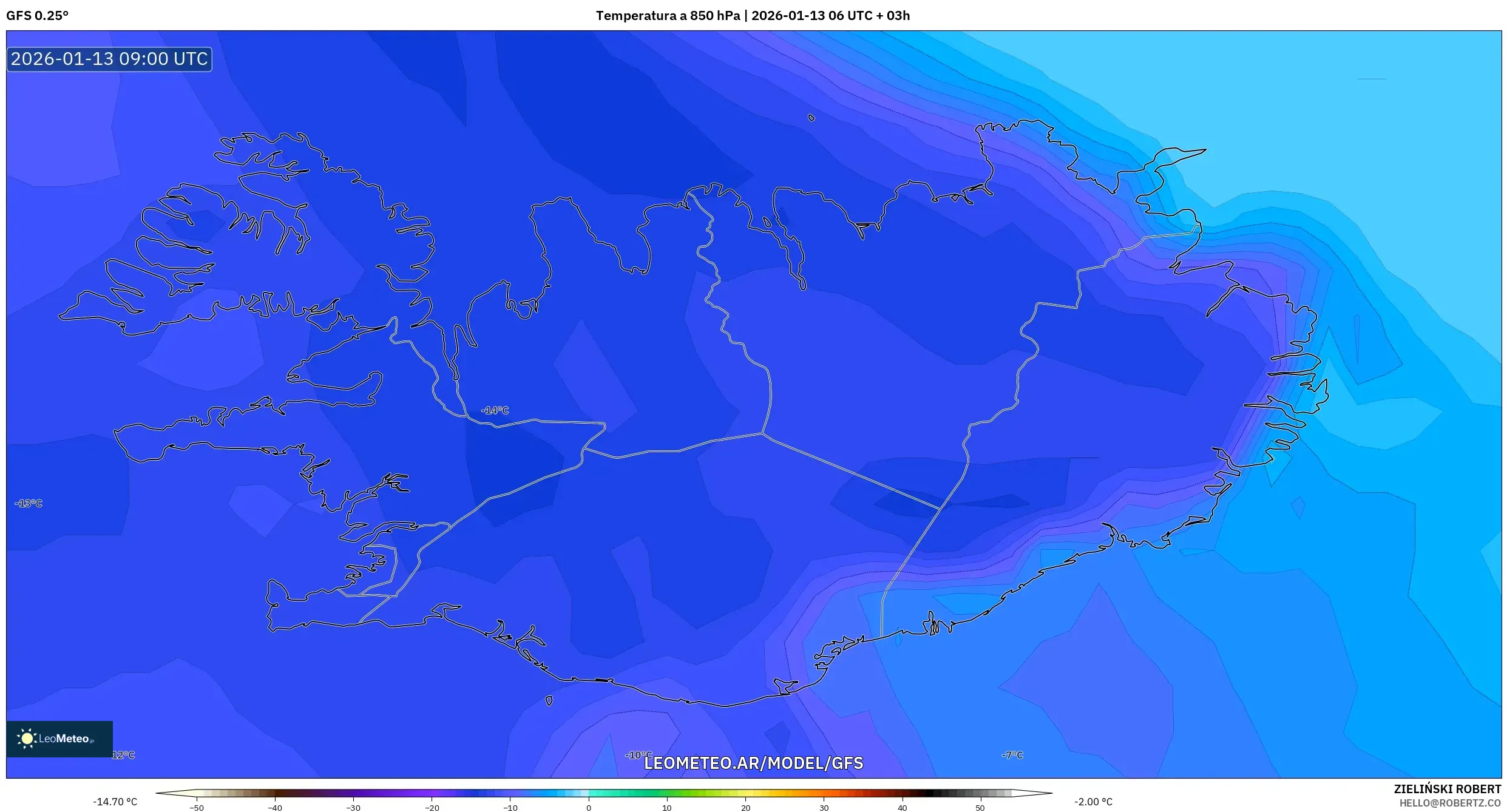 GFS model - Islandia, Temperatura a 850 hPa