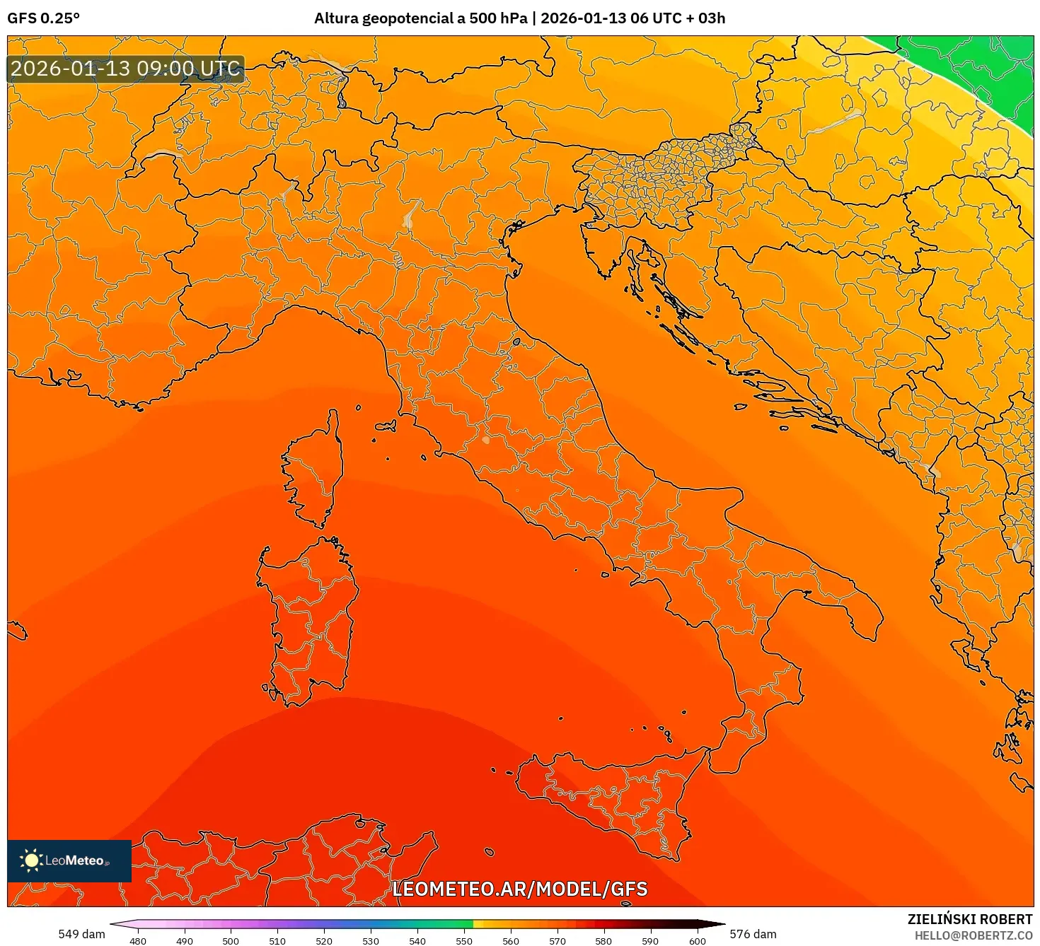 GFS model - Italia, Altura geopotencial a 500 hPa
